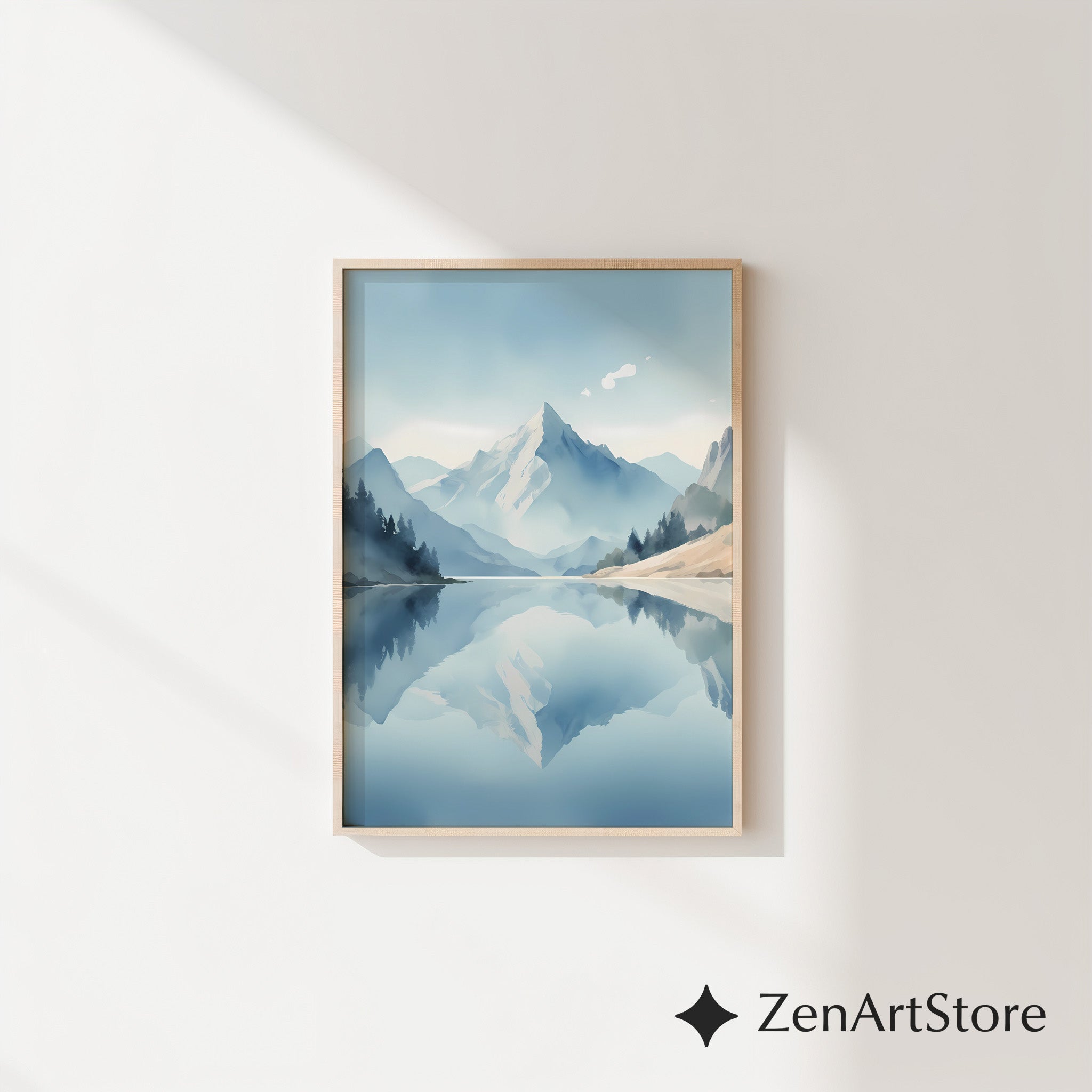 Calm Mountain Lake Wall Art Print - Minimal Blue Landscape Reflection, Scandinavian Zen Home Decor, Japandi Neutral Poster
