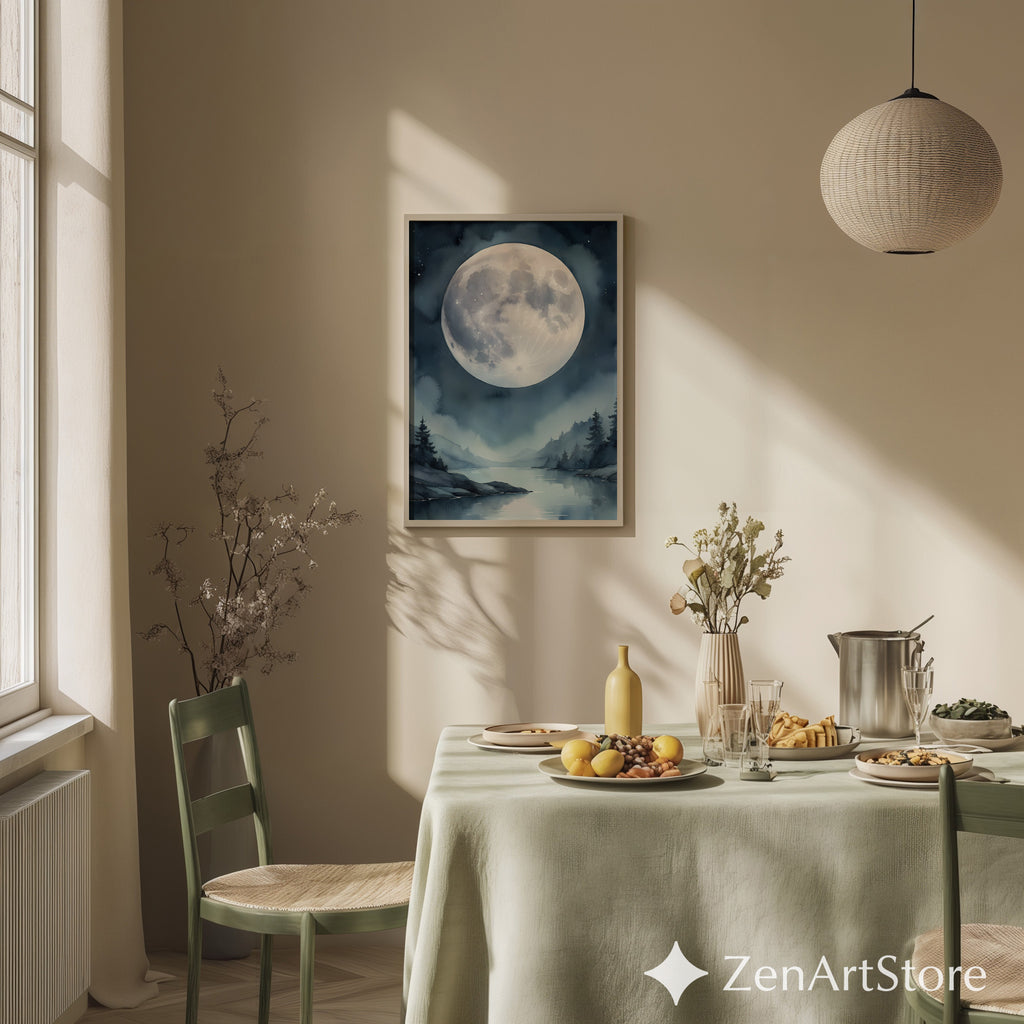 Ethereal Moonlit Lake Wall Art - Minimal Moon Landscape Print for Nordic Japandi Bedroom Decor