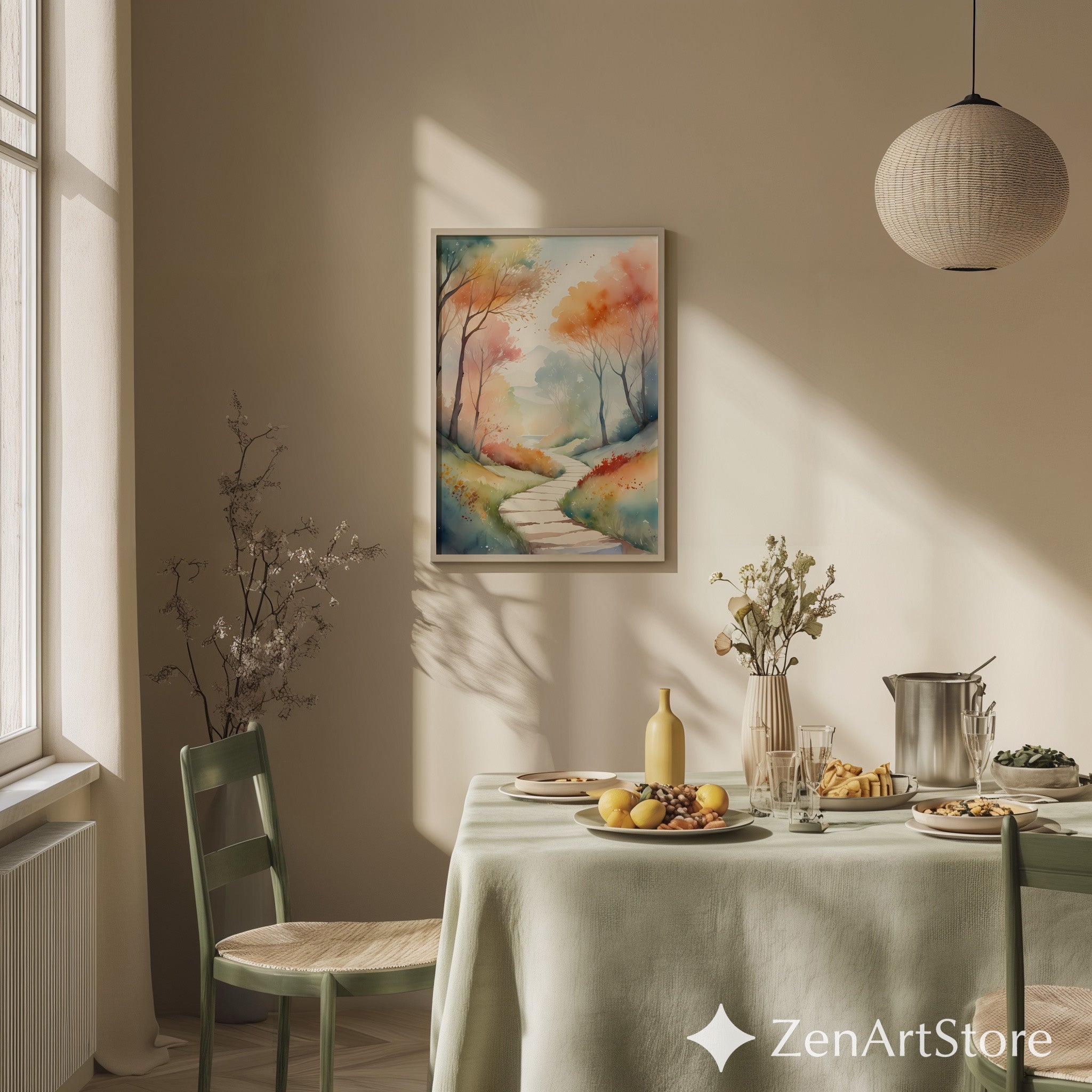 Dreamy Watercolor Pathway Wall Art - Pastel Forest Landscape Print, Autumn Zen Minimal Japandi Home Decor