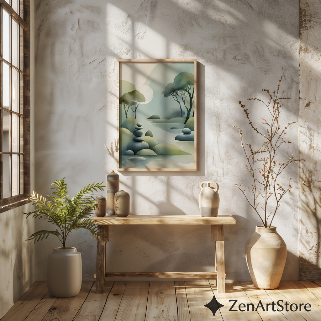 Zen Landscape Print - Minimal Abstract Nature Wall Art, Japandi Misty Trees & Stacked Stones Neutral Green Home Decor