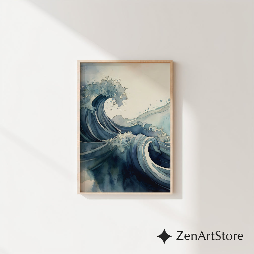 Blue Wave Art Print - Minimal Japanese Wave Abstract, Zen Japandi Coastal Home Decor, Indigo Seascape Wall Art