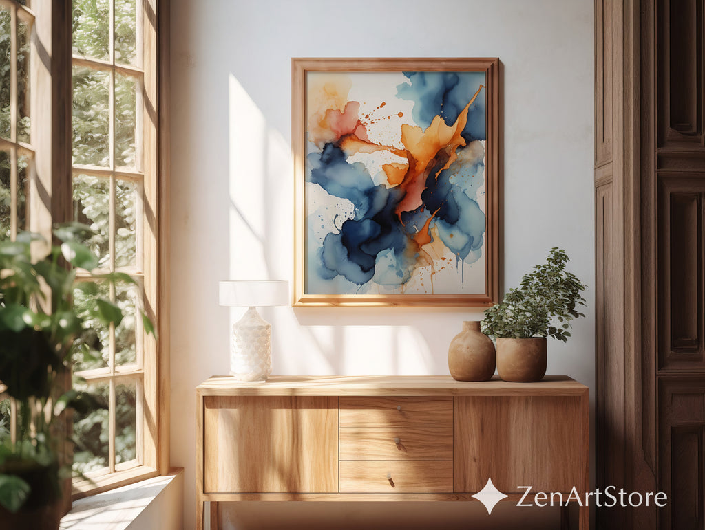 Abstract Navy & Orange Wall Art - Modern Alcohol Ink Print, Large Blue Orange Canvas, Minimal Japandi Home Decor