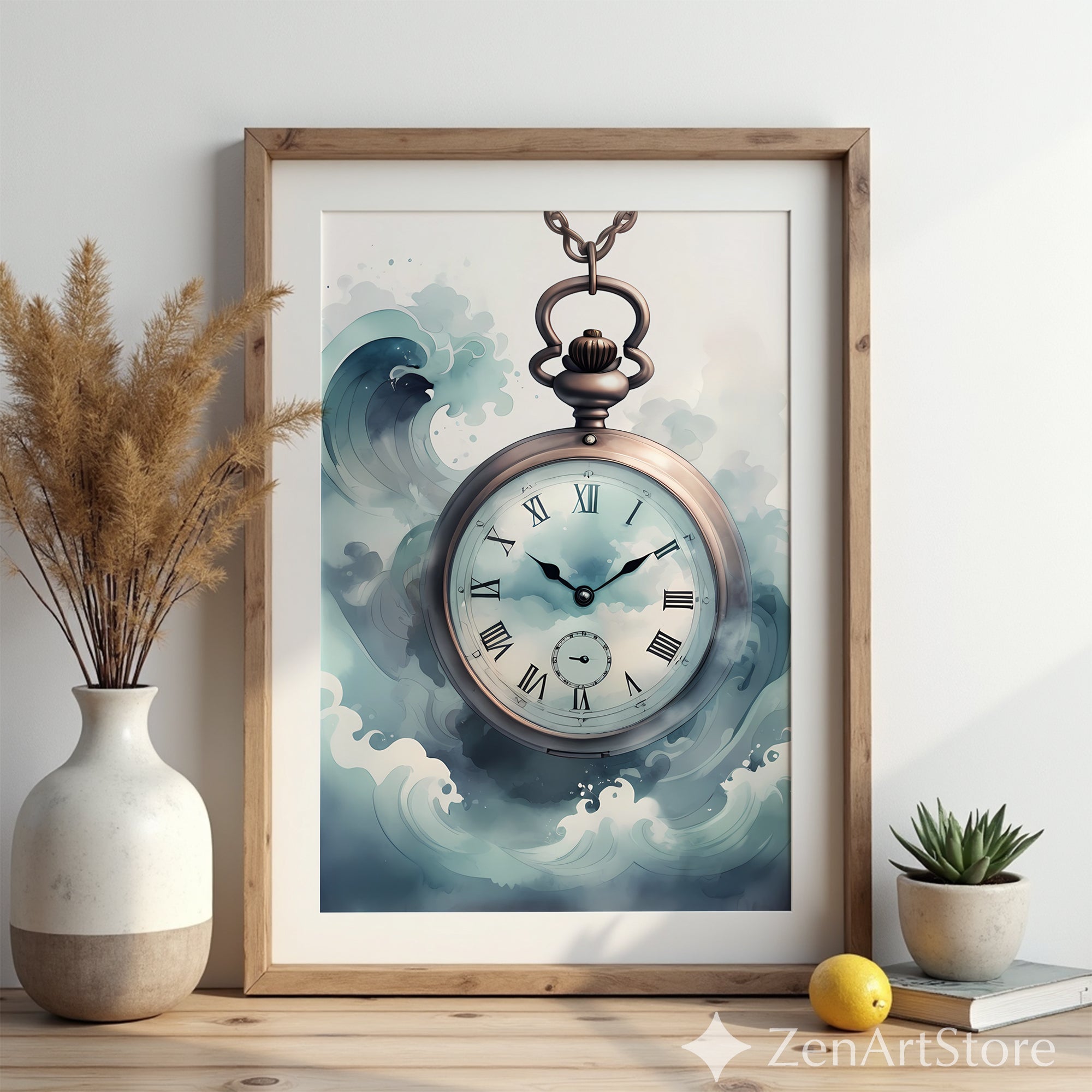 Vintage Pocket Watch Ocean Waves Print - Nautical Wall Art, Serene Blue Timepiece for Coastal, Japandi & Scandinavian Decor