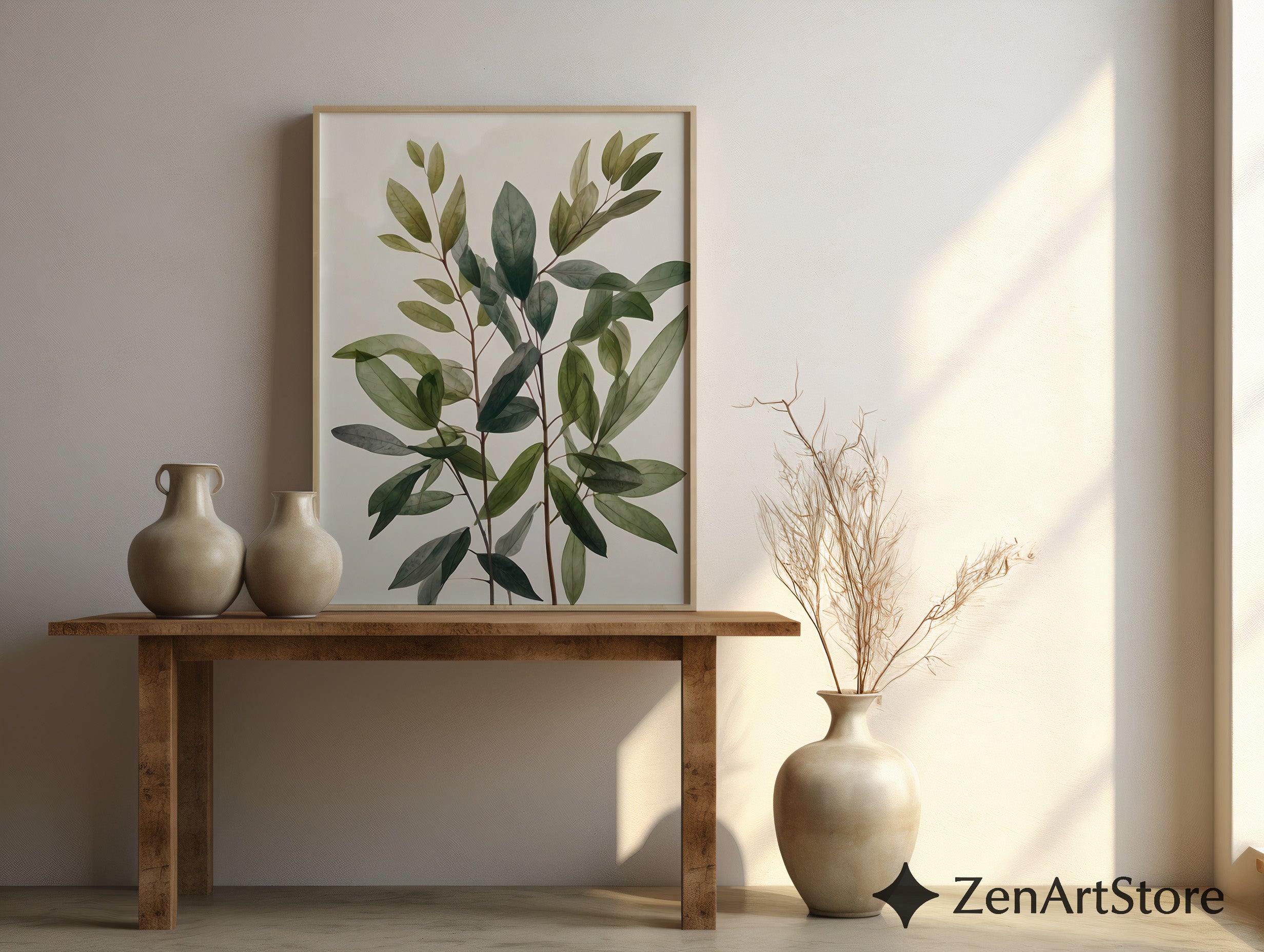 Minimal Green Leaves Botanical Wall Art - Modern Neutral Plant Print for Scandinavian Japandi Home Decor