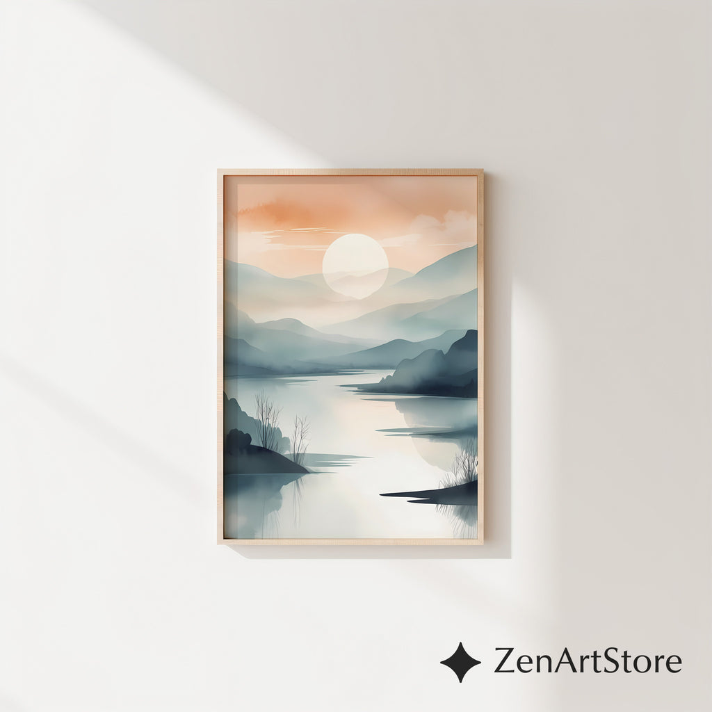 Sunrise Mist Landscape Print – Minimal Japandi Zen Wall Art, Neutral Mountain Lake Poster for Living Room