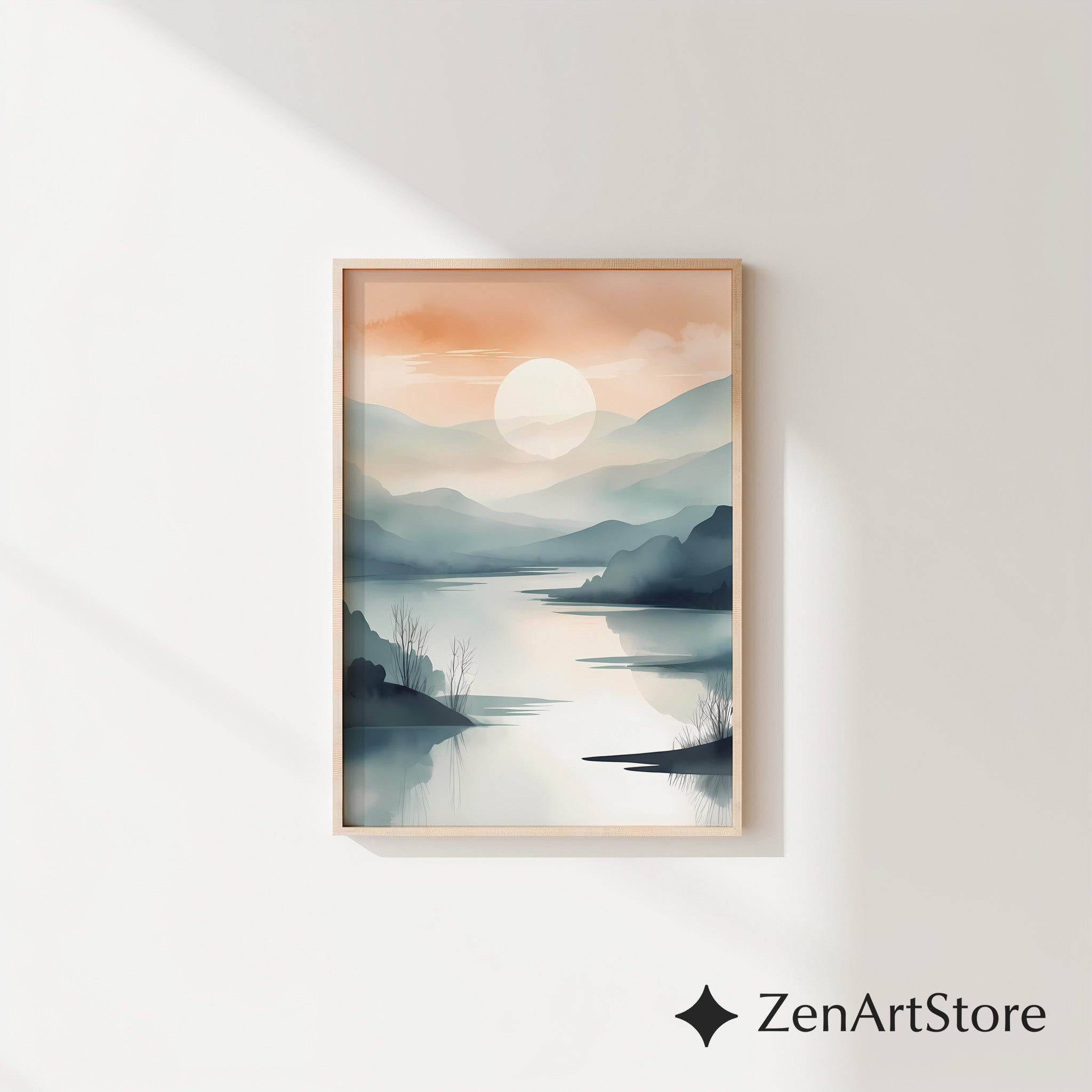 Sunrise Mist Landscape Print – Minimal Japandi Zen Wall Art, Neutral Mountain Lake Poster for Living Room