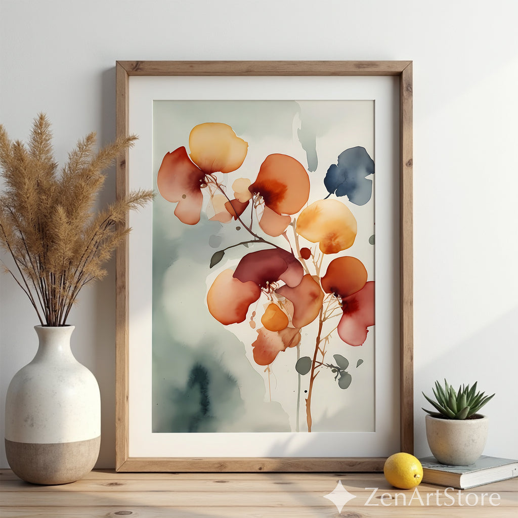 Abstract Floral Wall Art Print - Warm Rust & Ochre Minimal Botanical Japandi Wabi Sabi Neutral Home Decor