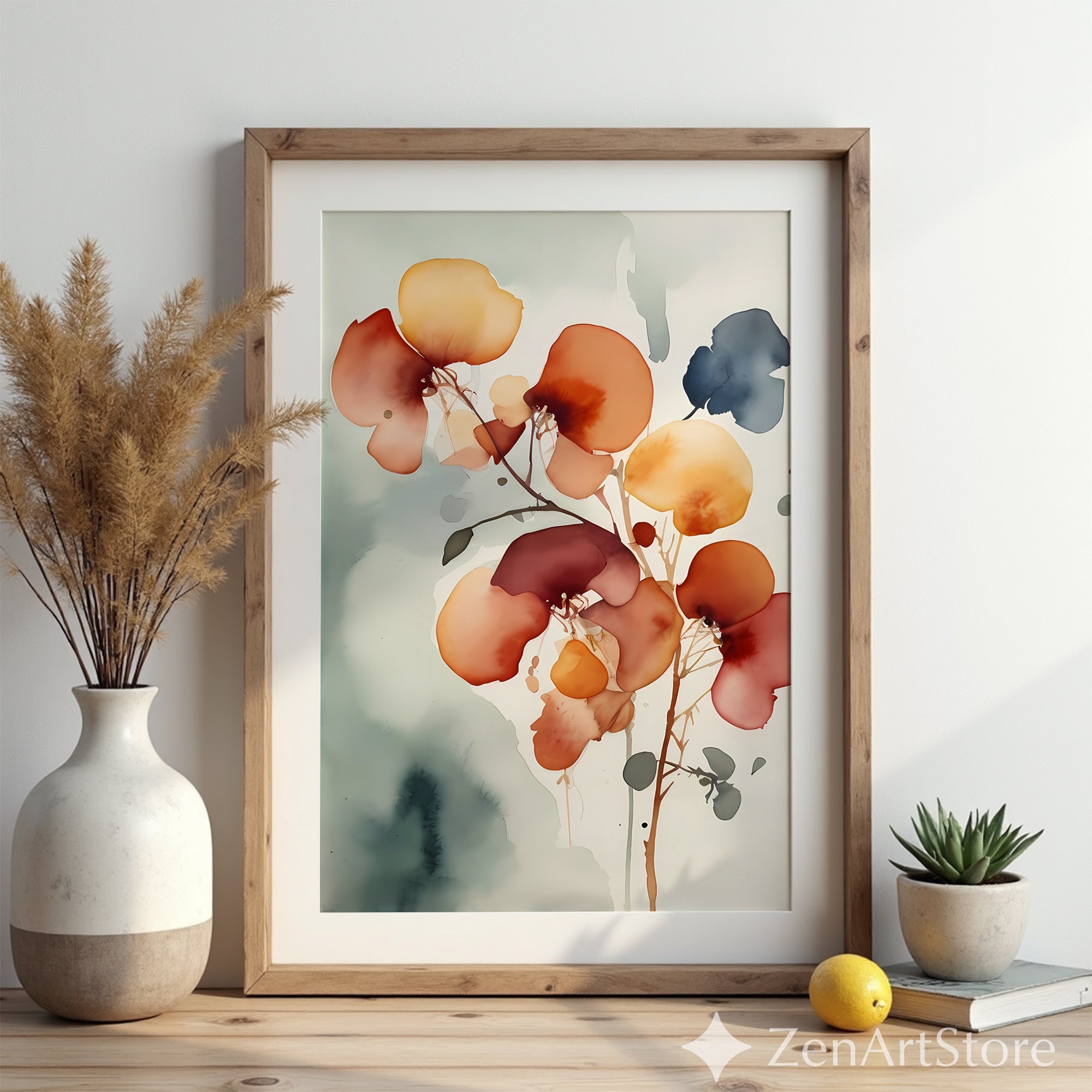 Abstract Floral Wall Art Print - Warm Rust & Ochre Minimal Botanical Japandi Wabi Sabi Neutral Home Decor