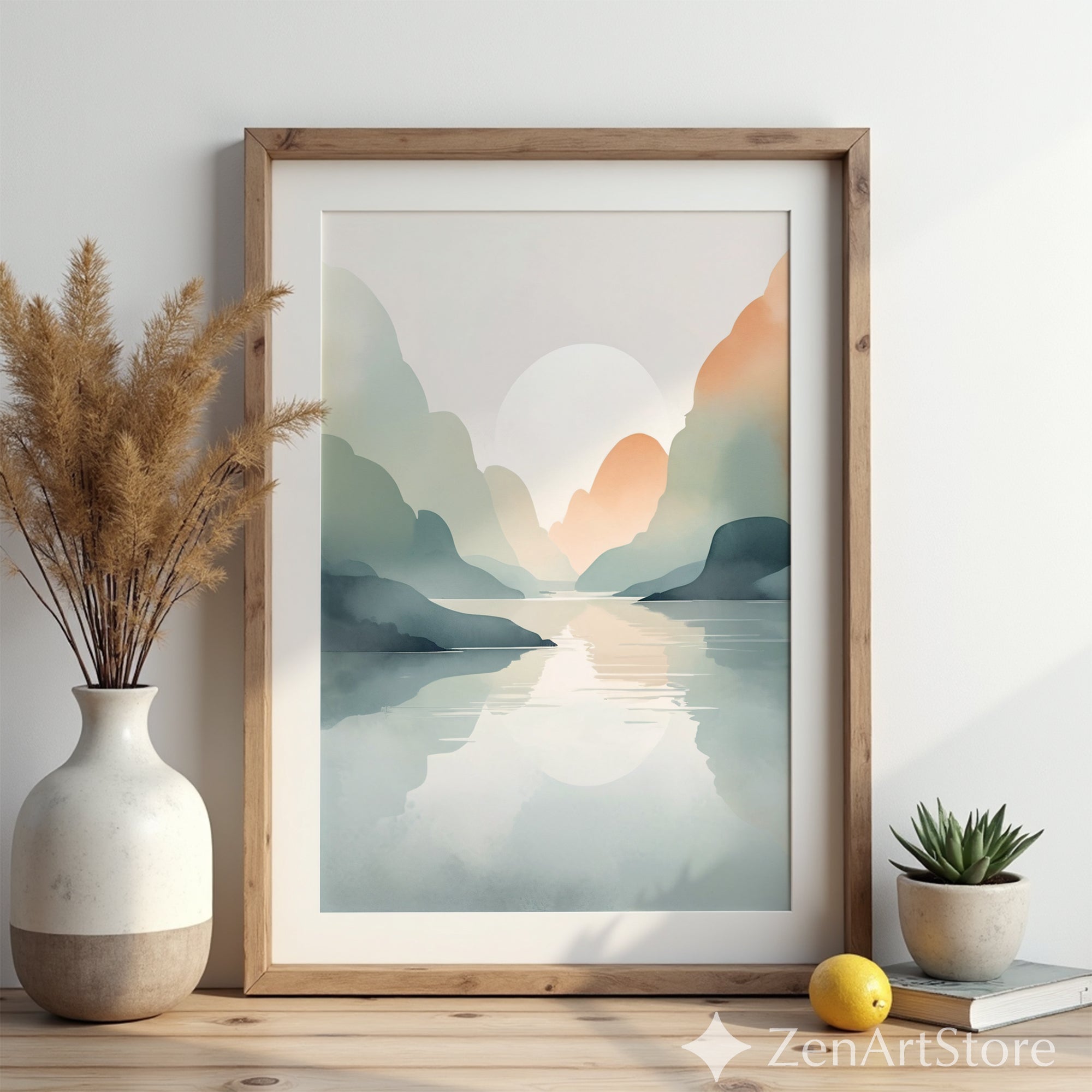 Serene Pastel Mountain Landscape Print – Minimal Japandi Wall Art, Calm Neutral Abstract Sunset