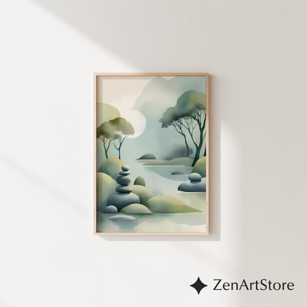 Zen Landscape Print - Minimal Abstract Nature Wall Art, Japandi Misty Trees & Stacked Stones Neutral Green Home Decor