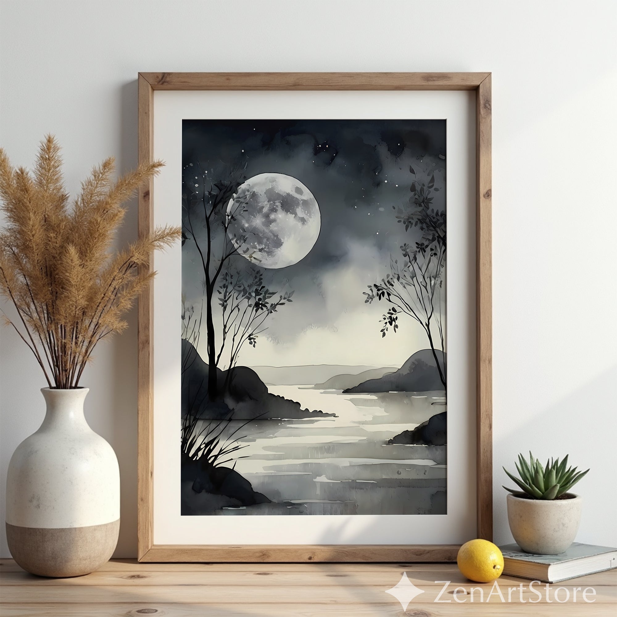 Moonlight Watercolor Landscape Print - Minimal Black & White Moon Art, Zen Japandi Wall Decor for Living Room or Bedroom