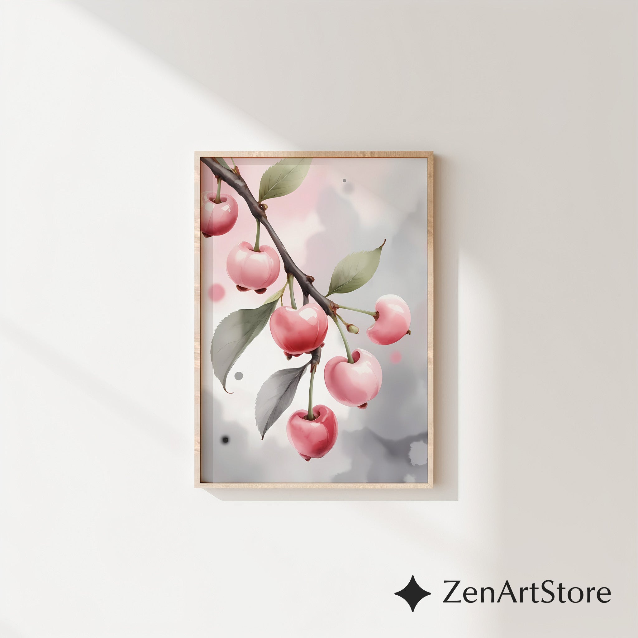 Pink Cherry Art Print Minimal Botanical Wall Art Pastel Fruit Poster for Kitchen Nursery Japandi Scandinavian Home Decor