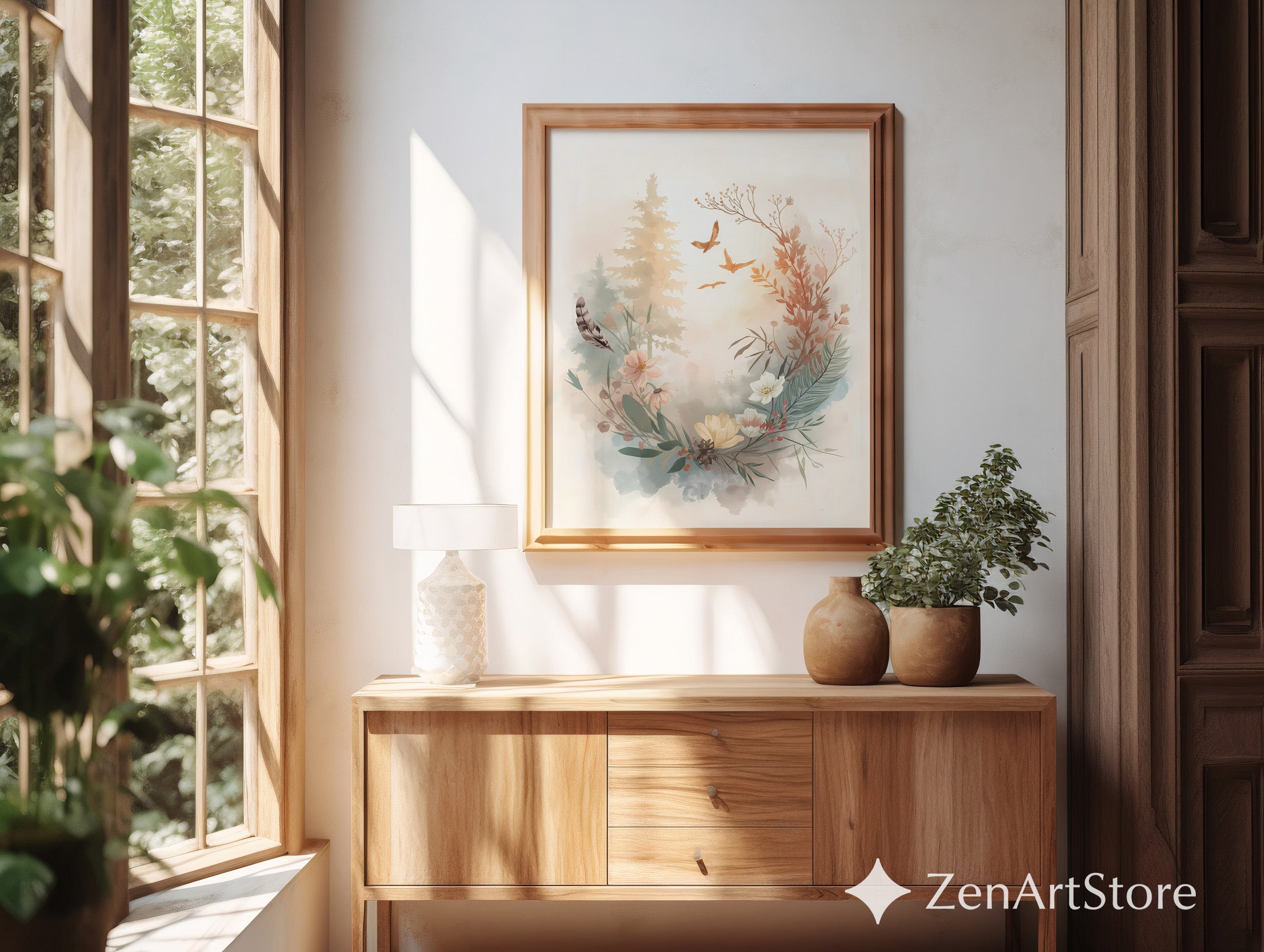 Neutral Watercolor Botanical Wreath Print – Minimal Floral Wall Art for Japandi, Boho, Scandinavian Home Decor