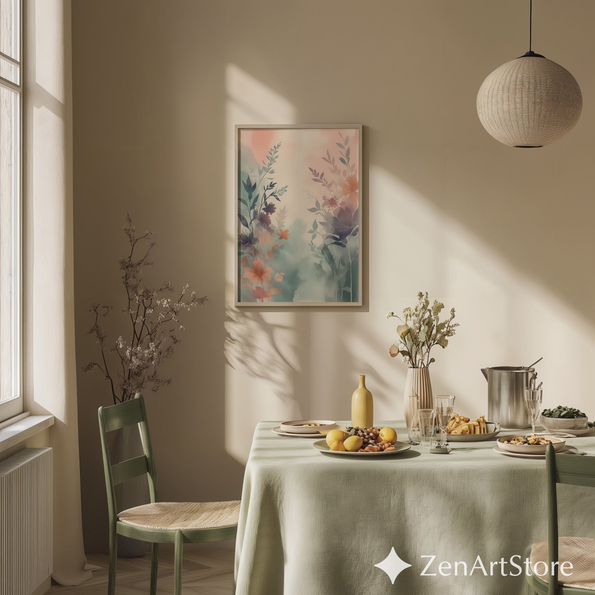 Pastel Botanical Watercolor Print - Soft Blush & Teal Floral Wall Art, Minimal Scandi Japandi Home Decor, Printable or Canvas