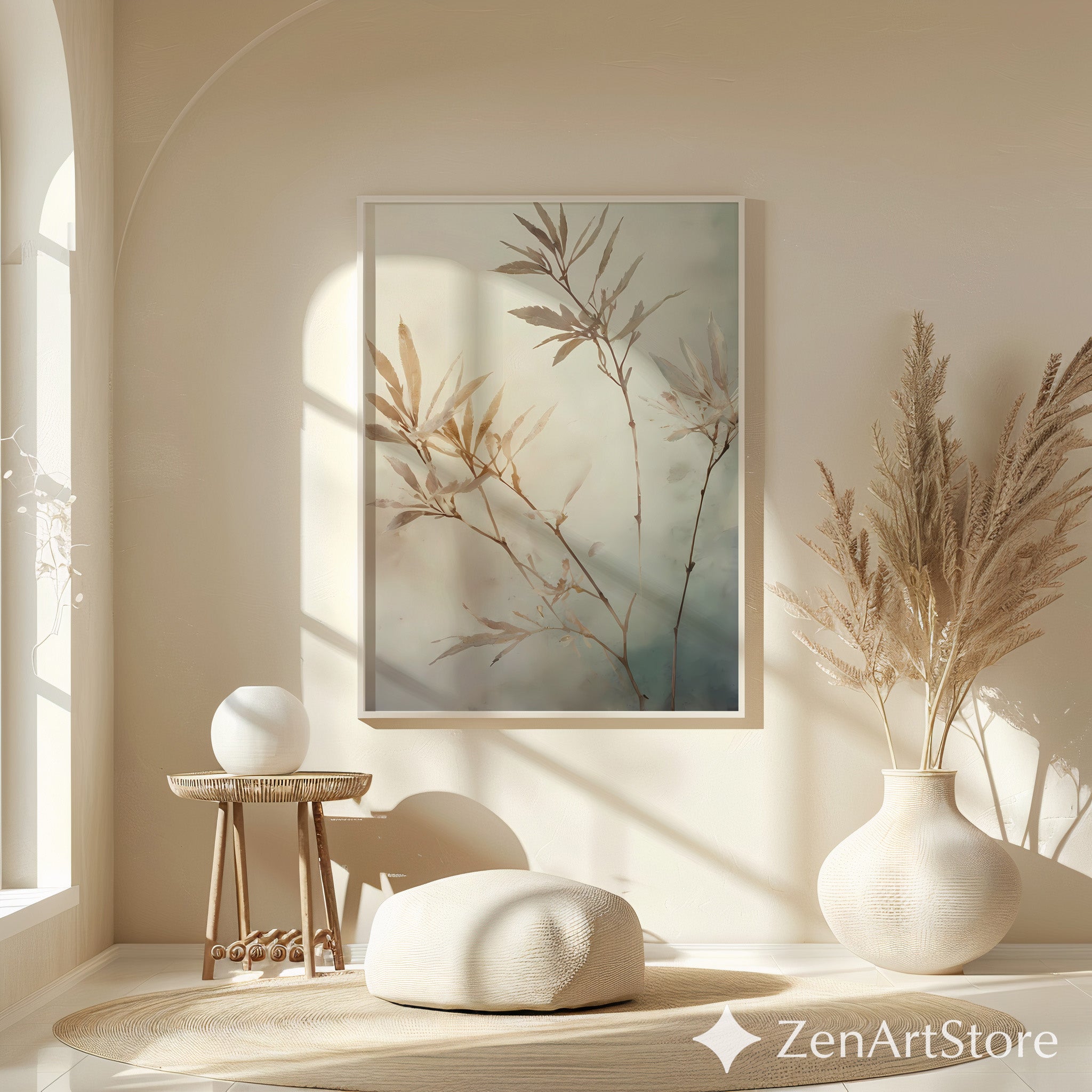 Neutral Botanical Wall Art Print - Japandi Minimalist Plant Painting, Beige Wabi Sabi Home Decor