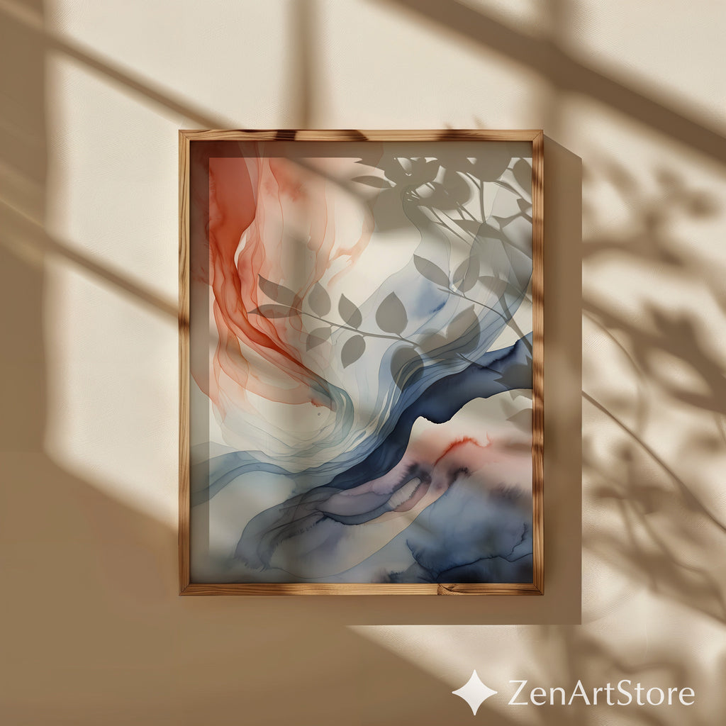 Abstract Fluid Art Print Terracotta and Blue - Minimal Japandi Wall Art, Neutral Modern Home Decor