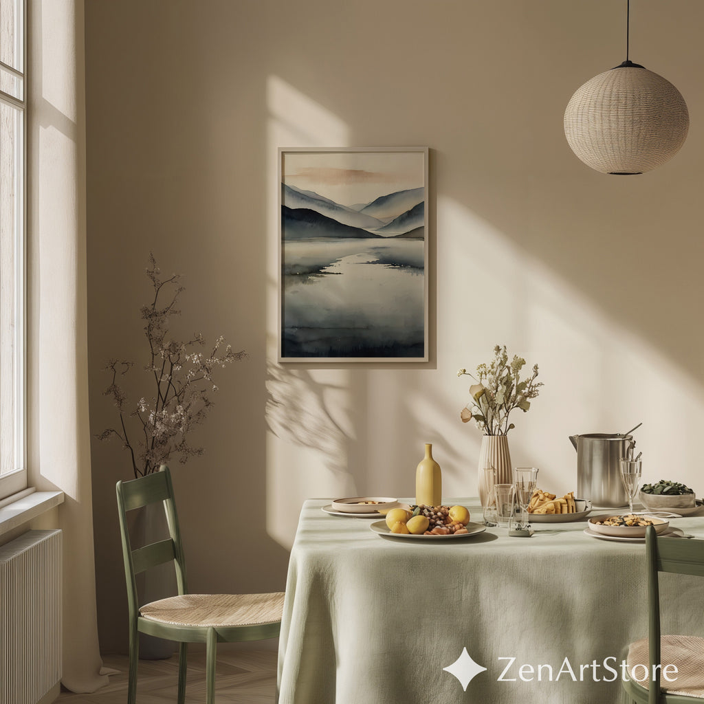 Minimal Abstract Mountain Lake Print - Neutral Japandi Wall Art, Calm Scandinavian Landscape