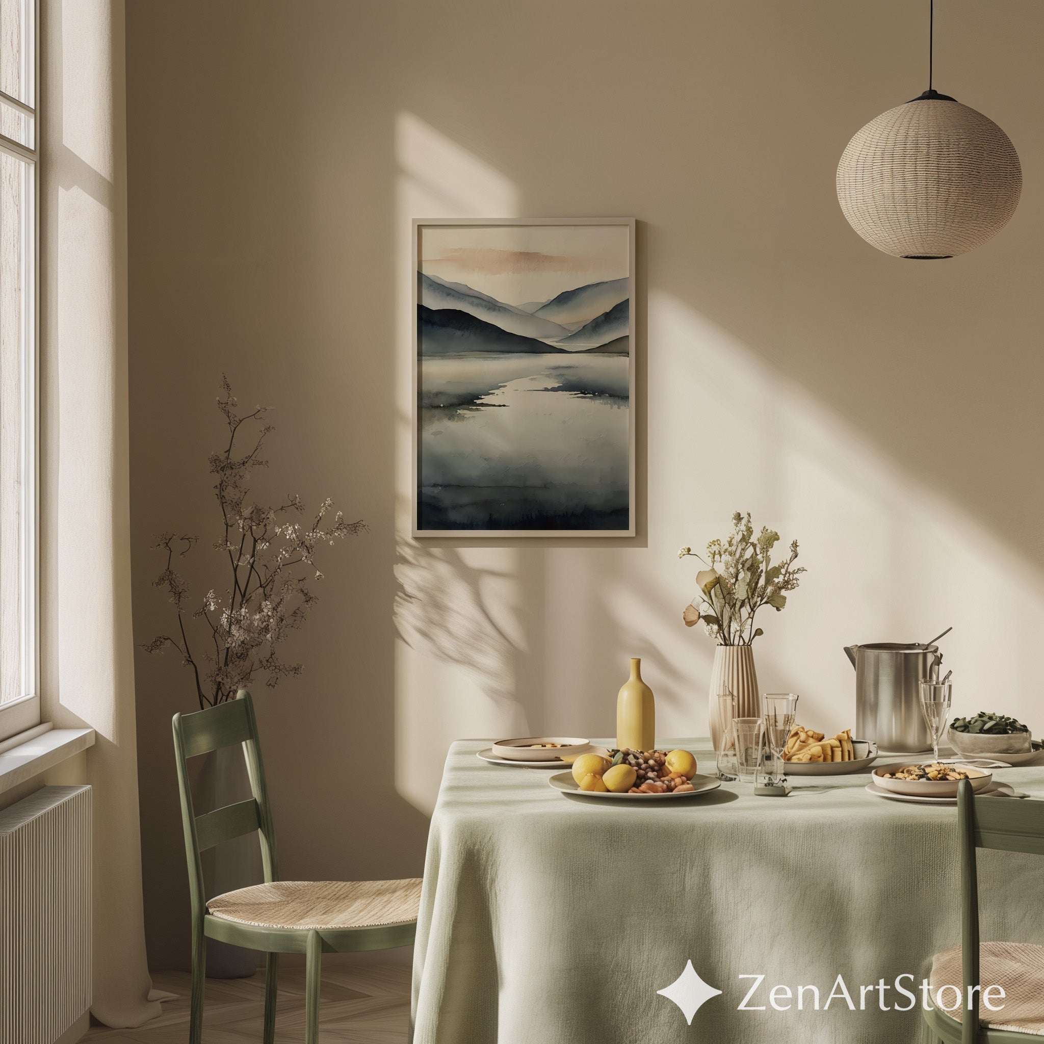 Minimal Abstract Mountain Lake Print - Neutral Japandi Wall Art, Calm Scandinavian Landscape