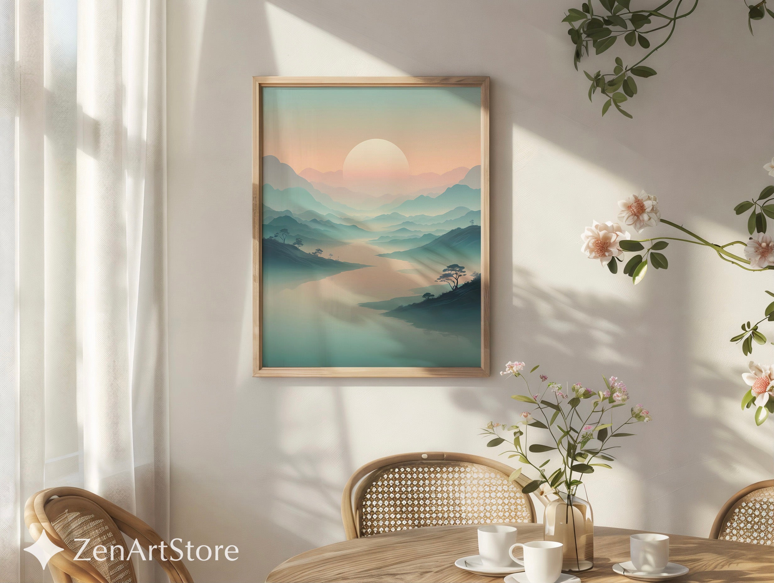 Misty Mountain Sunrise Wall Art - Minimal Zen Landscape Print, Japandi Pastel Sun Poster for Living Room