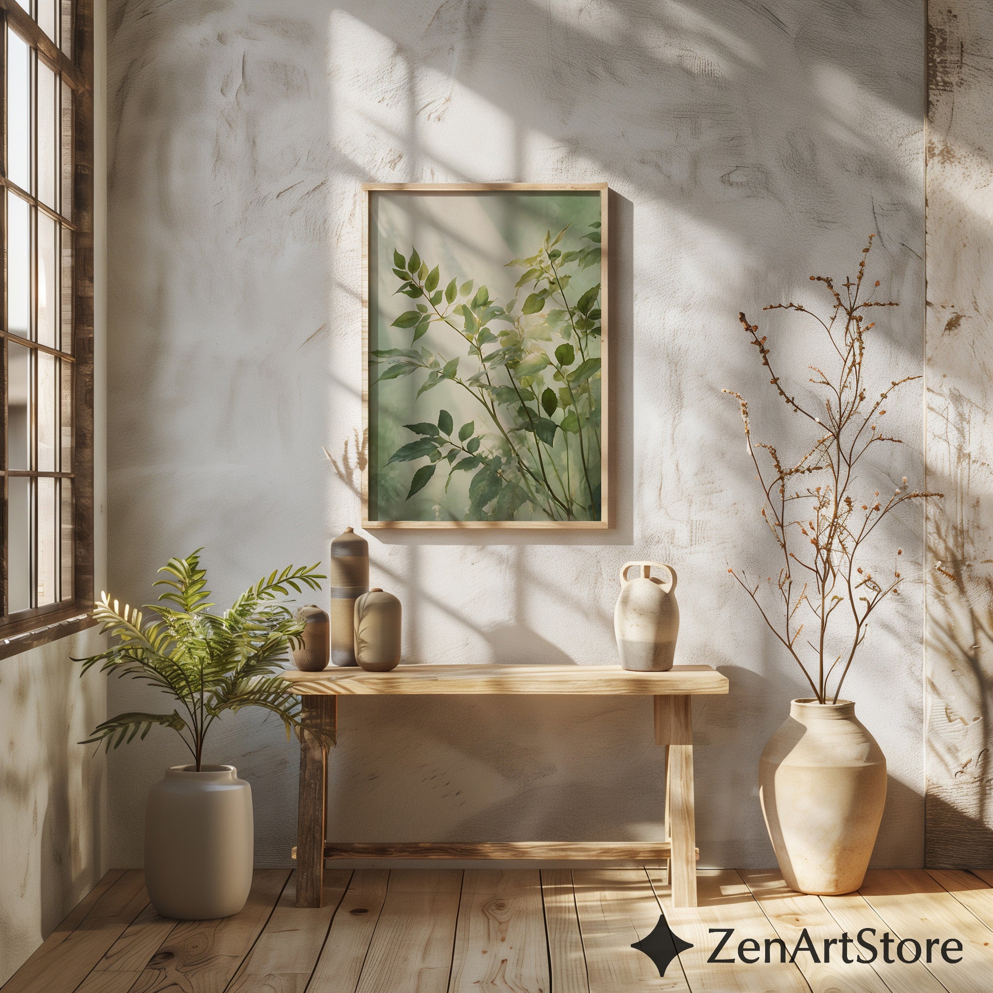 Serene Green Botanical Art Print - Minimal Leaf Wall Art, Japandi Wabi Sabi Neutral Home Decor