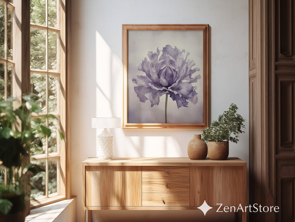 Lavender Peony Botanical Wall Art Print - Minimal Floral Fine Art for Scandinavian Japandi Wabi Sabi Home Decor