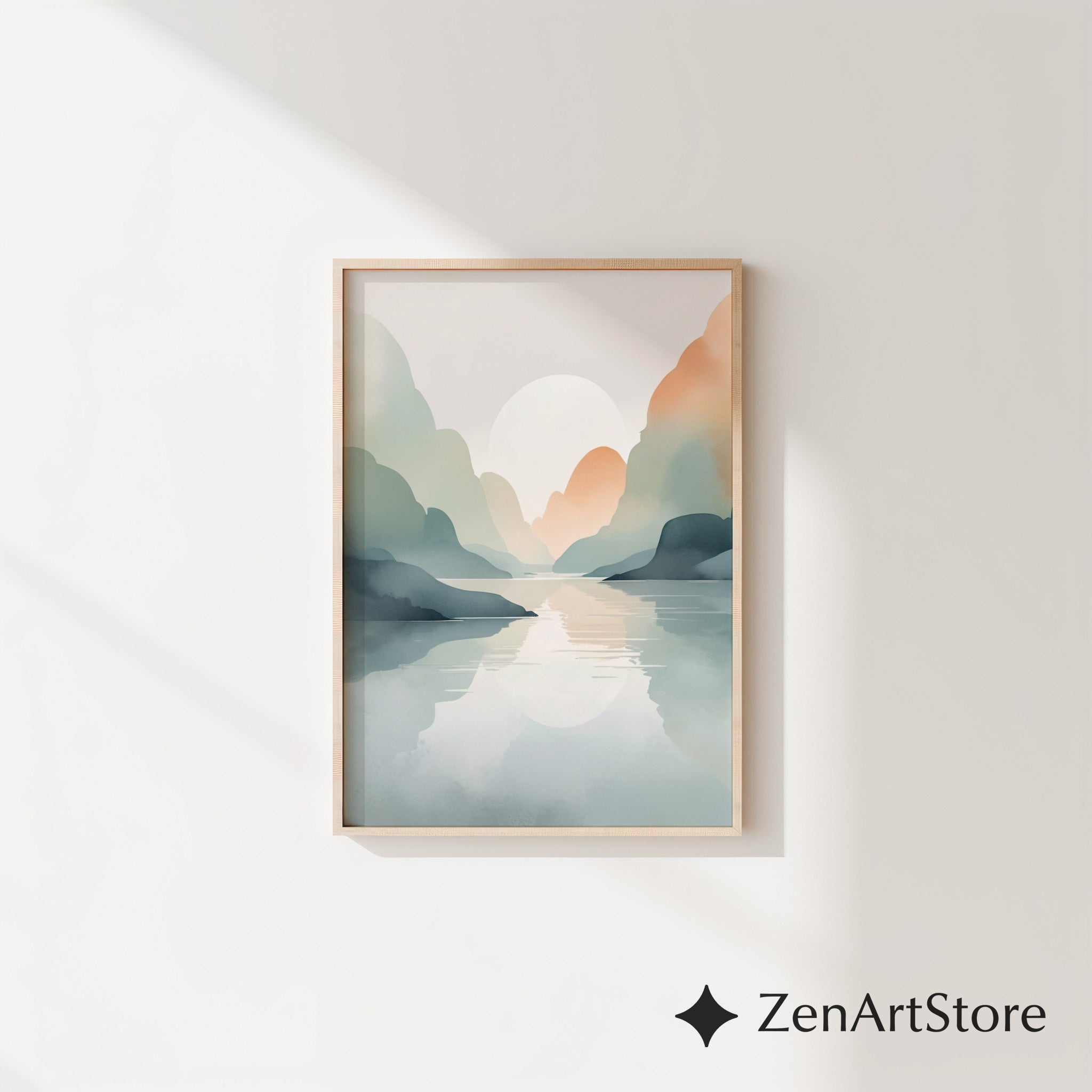 Serene Pastel Mountain Landscape Print – Minimal Japandi Wall Art, Calm Neutral Abstract Sunset