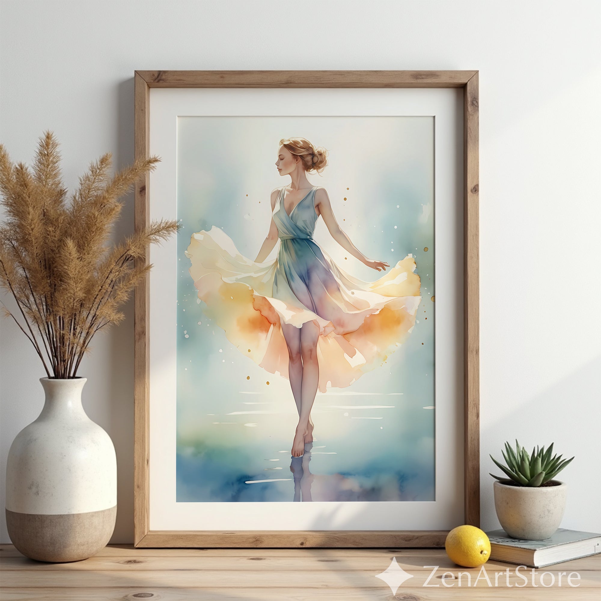 Ethereal Watercolor Ballerina Print - Pastel Dance Wall Art for Bedroom Living Room Nursery - Minimal Japandi Scandinavian Decor