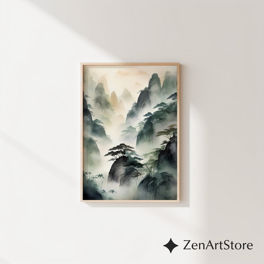 Misty Mountain Landscape Print - Zen Ink-Wash Wall Art for Living Room Japandi Neutral Home Decor
