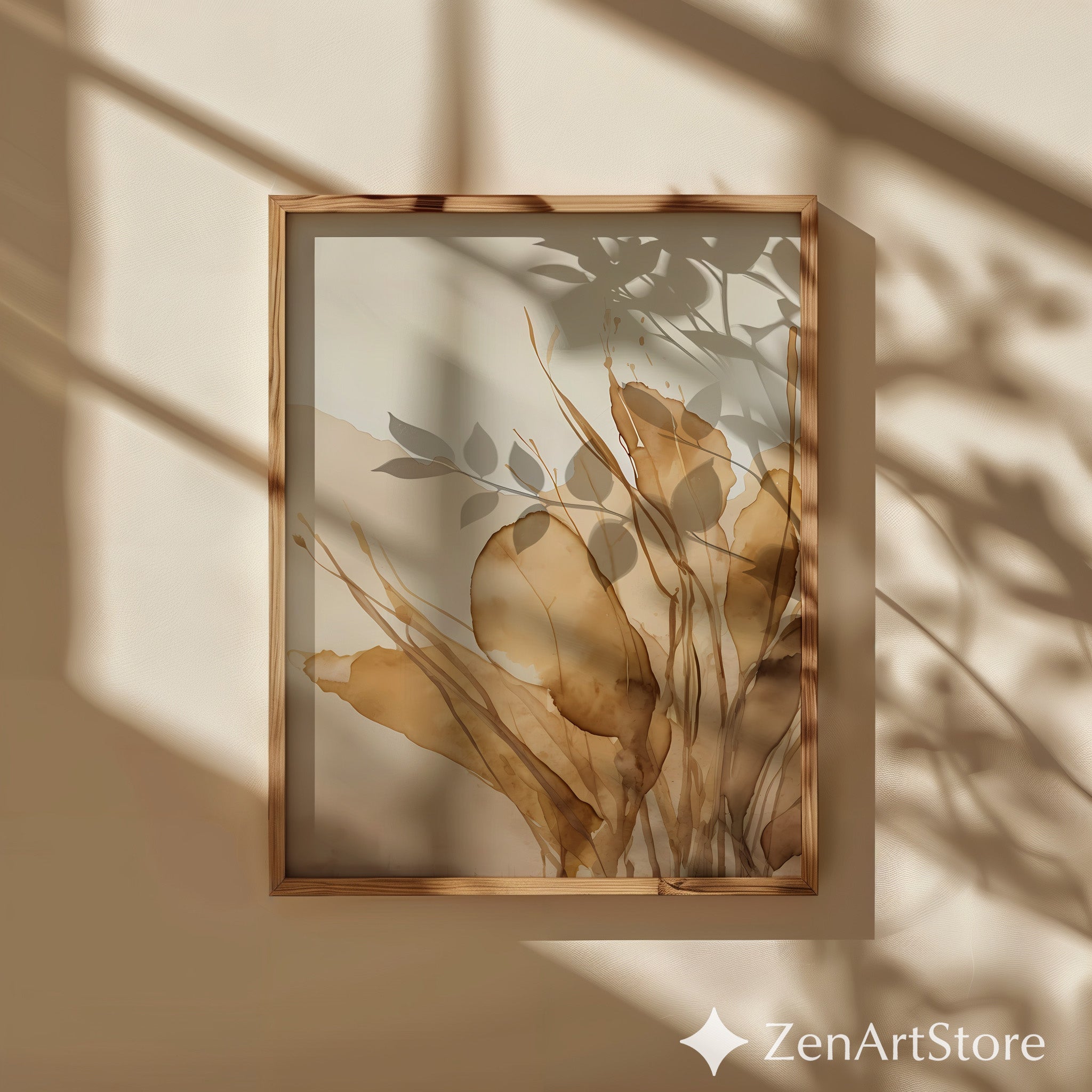 Neutral Botanical Wall Art Print - Beige Abstract Leaves Watercolor, Japandi Minimal Home Decor, Wabi Sabi Boho Poster