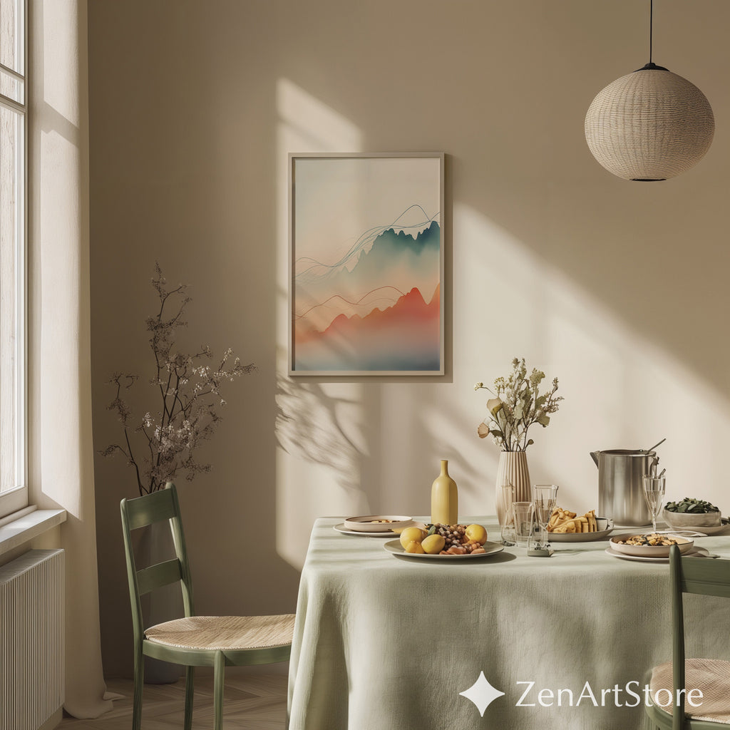 Minimal Abstract Mountain Landscape Wall Art, Japandi Neutral Pastel Line Art Print for Living Room & Bedroom