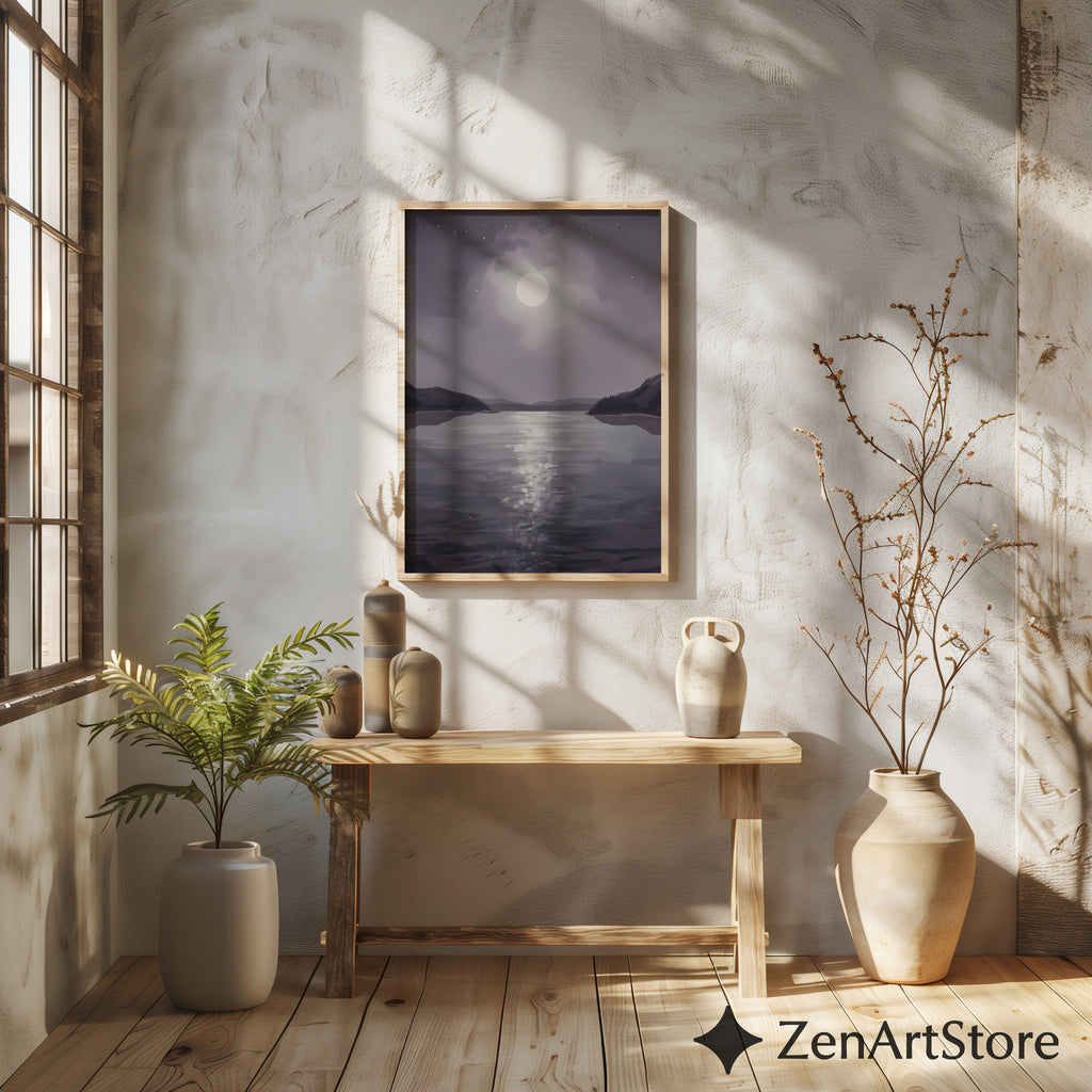 Moonlit Lake Minimalist Wall Art - Calming Neutral Landscape Print for Bedroom, Living Room, Japandi & Scandinavian Decor
