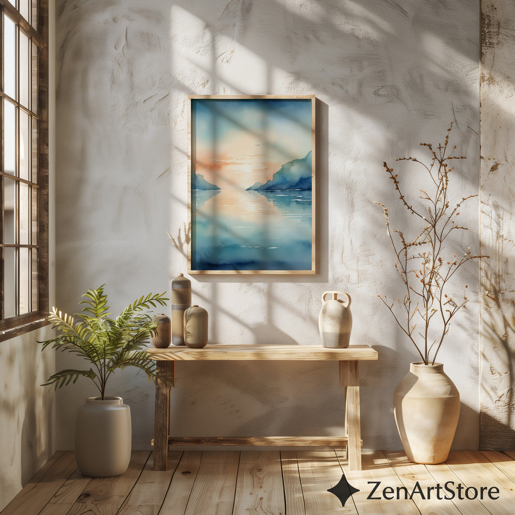 Calm Coastal Sunset Watercolor Print - Minimal Seascape Wall Art, Zen Japandi Blue Peach Ocean Landscape