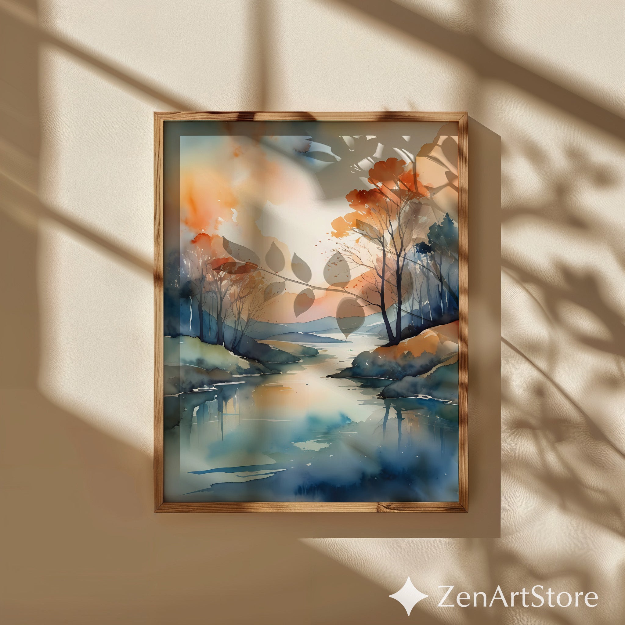 Serene Watercolor Landscape Print - Abstract Lake Sunset Wall Art for Zen, Japandi & Minimal Home Decor