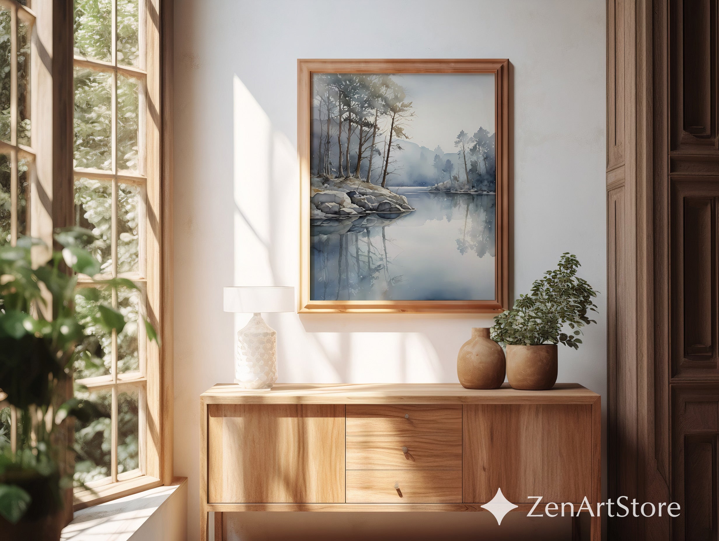 Misty Lake Watercolor Print - Calm Minimal Landscape Wall Art for Living Room Japandi Scandinavian Neutral Decor