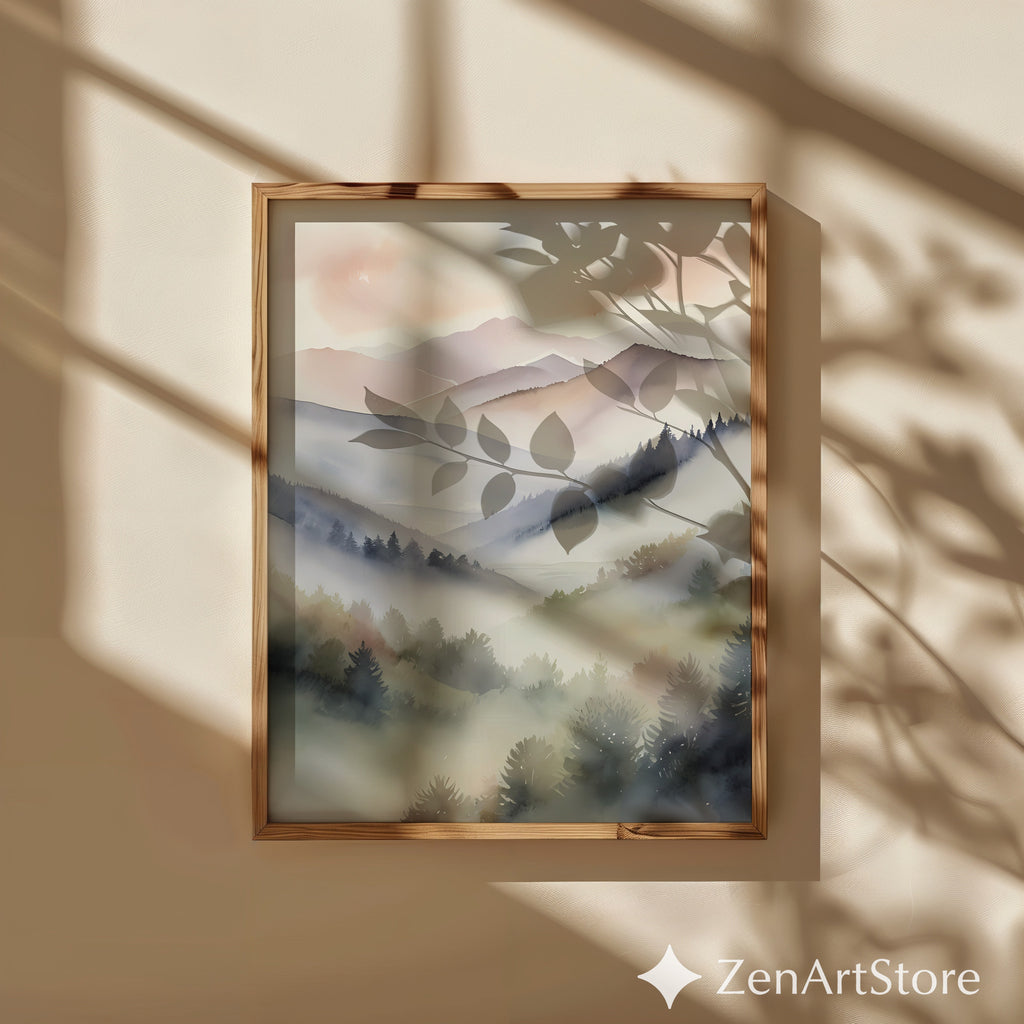Misty Mountain Watercolor Print – Neutral Minimal Landscape Wall Art for Japandi, Scandinavian & Boho Homes
