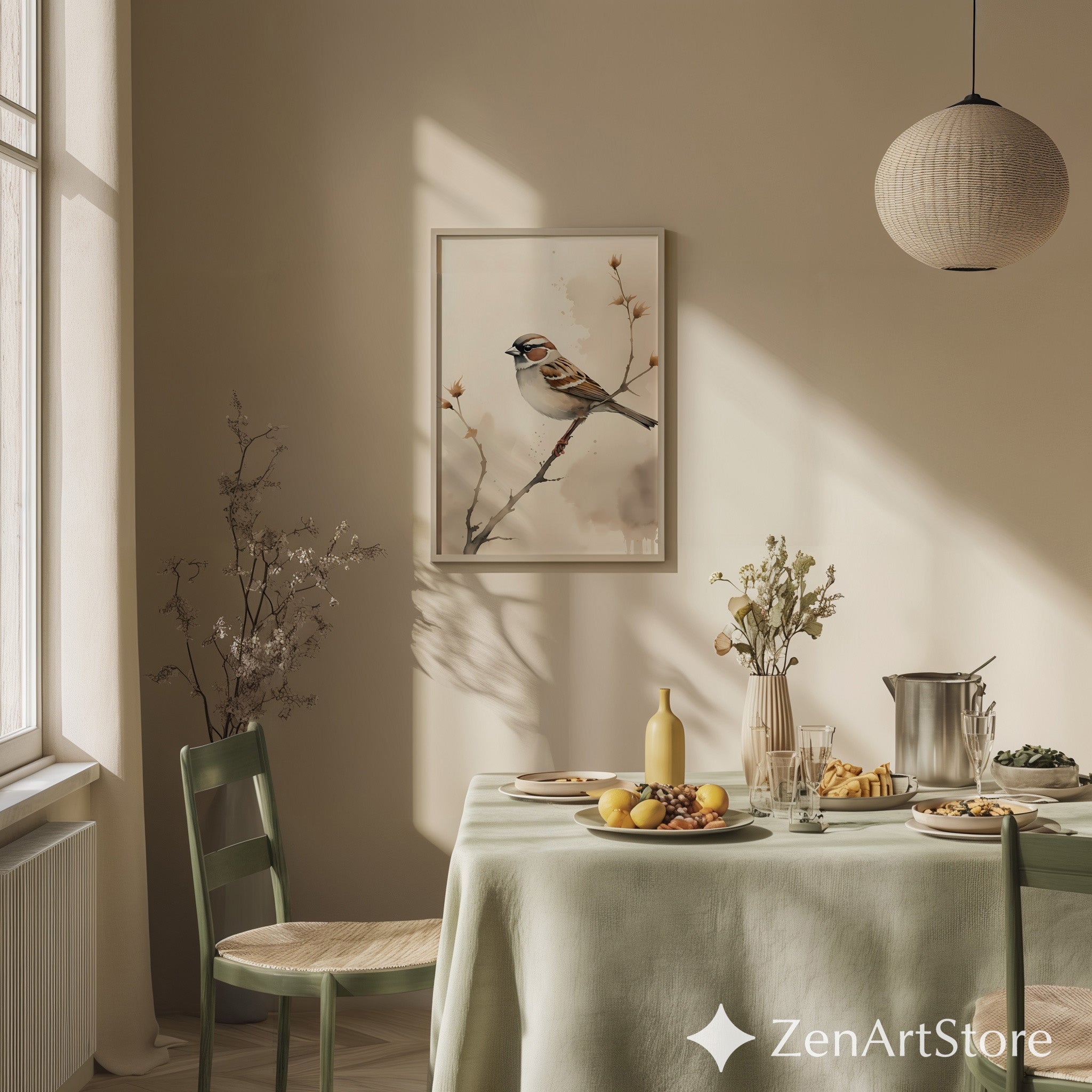 Sparrow Watercolor Print | Minimal Neutral Bird Wall Art for Living Room, Nursery, Japandi Scandinavian Home Decor