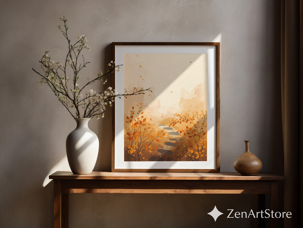 Autumn Path Wall Art - Minimal Fall Landscape Print, Japandi Beige Orange Botanical Home Decor