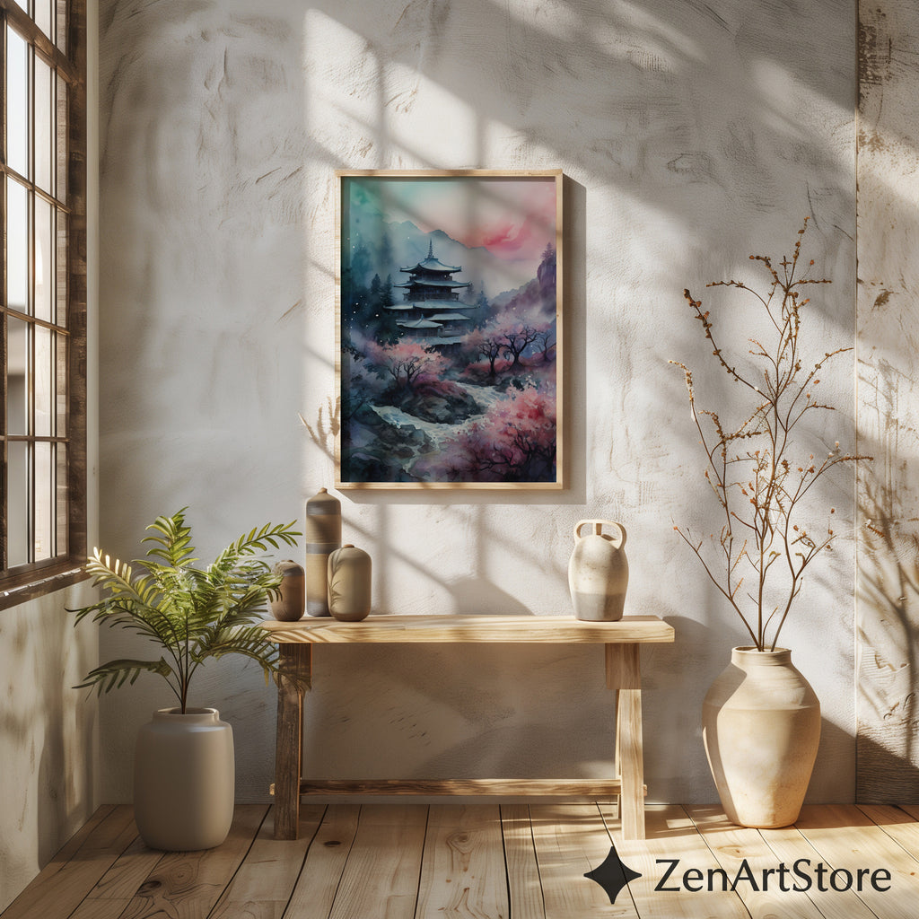 Serene Japanese Pagoda Print with Cherry Blossoms - Watercolor Zen Landscape Wall Art for Home