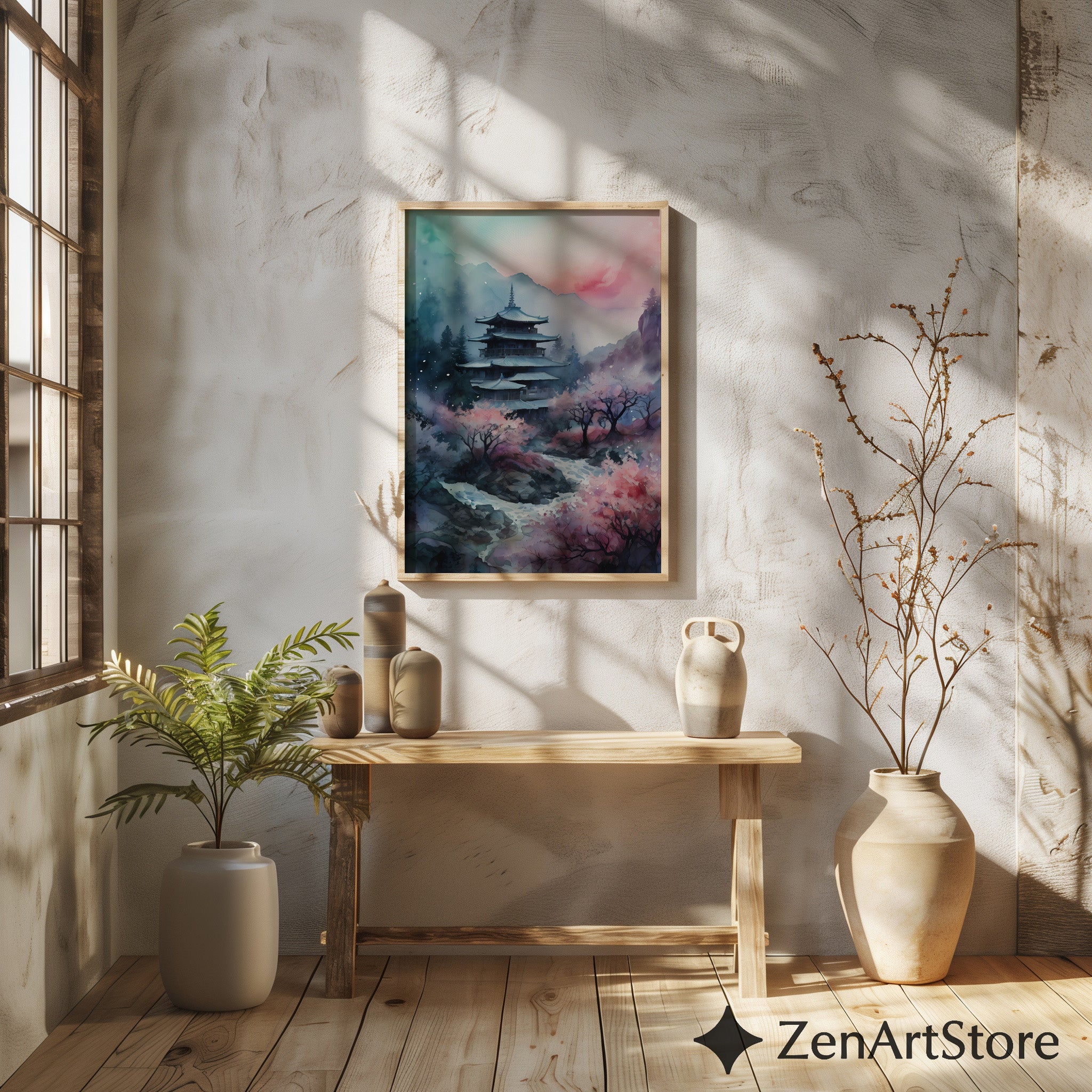 Serene Japanese Pagoda Print with Cherry Blossoms - Watercolor Zen Landscape Wall Art for Home