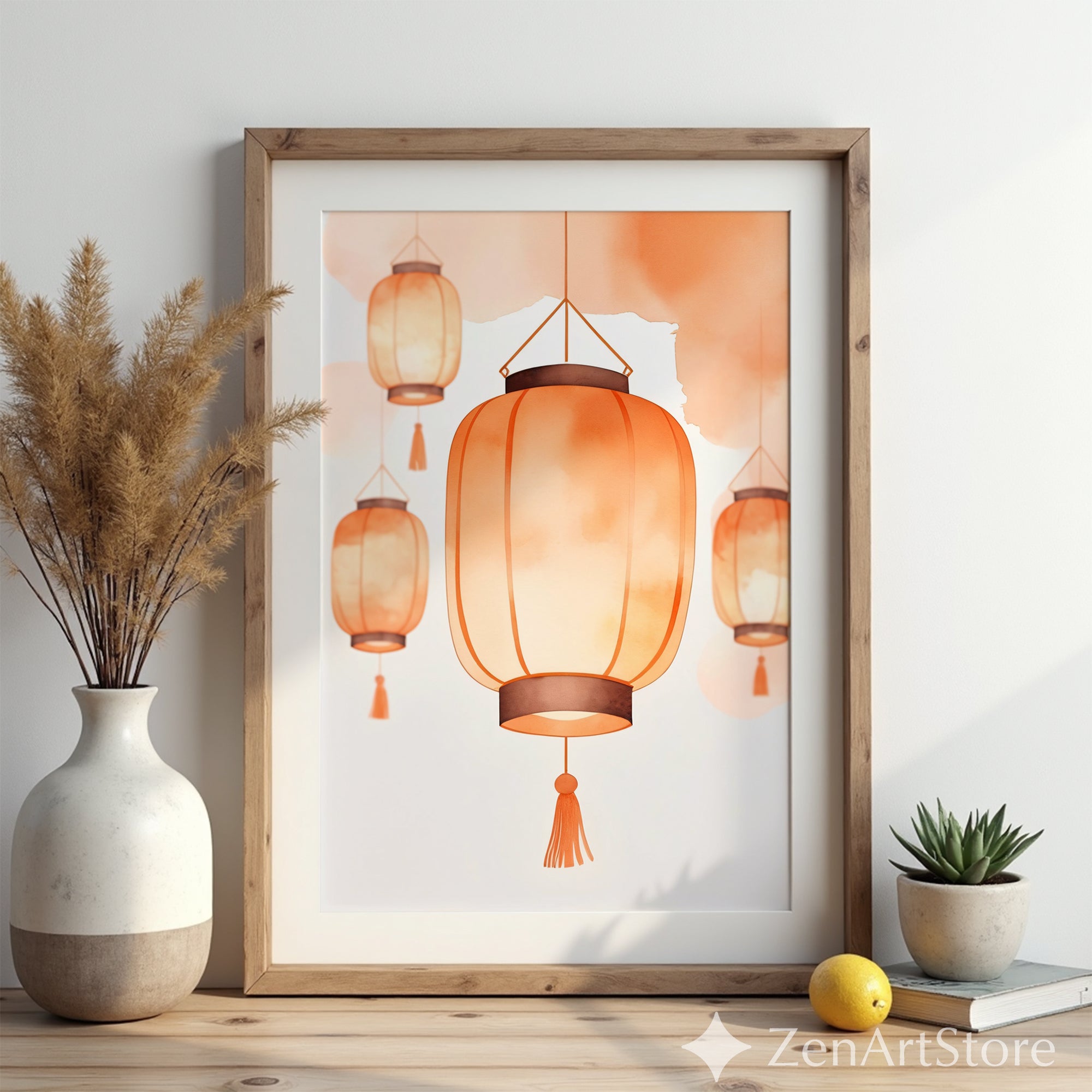 Warm Orange Lantern Wall Art - Minimal Paper Lantern Print, Japandi Zen Home Decor, Digital Download & Fine Art Print