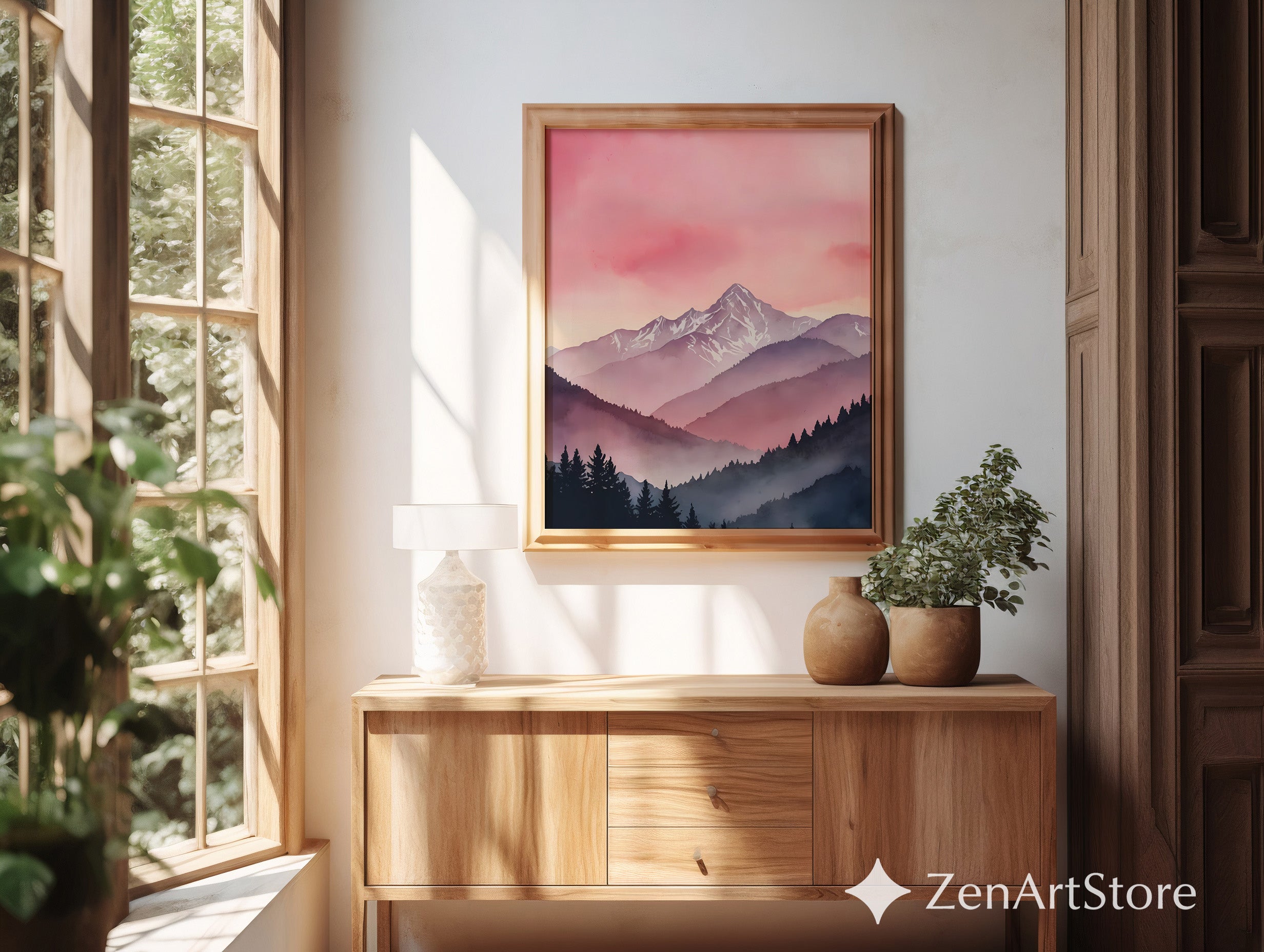 Pink Mountain Landscape Art Print - Minimal Watercolor Mountain Wall Art for Japandi & Scandinavian Home Decor