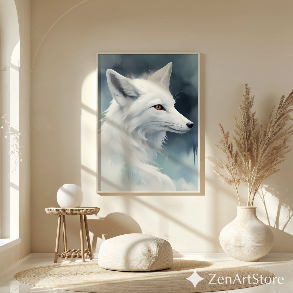 White Fox Wall Art - Minimal Arctic Fox Print, Scandinavian Zen Animal Portrait for Modern Home Decor