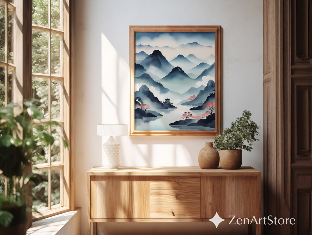 Misty Mountain Japanese Landscape Print - Zen Japandi Watercolor Wall Art for Living Room