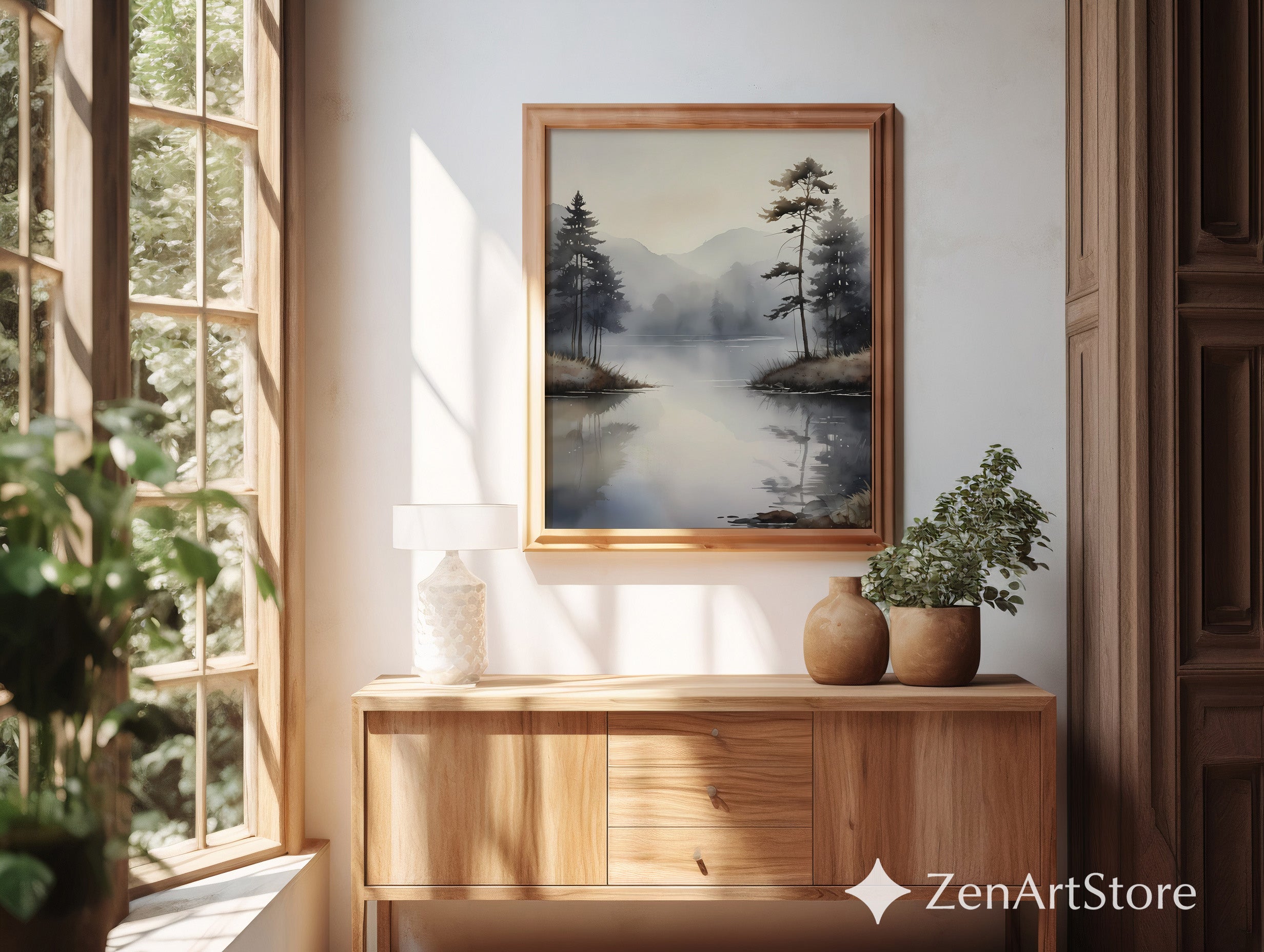 Misty Lake Minimalist Wall Art - Neutral Japandi Landscape Print, Calm Scandinavian Zen Decor for Living Room, Bedroom & Office