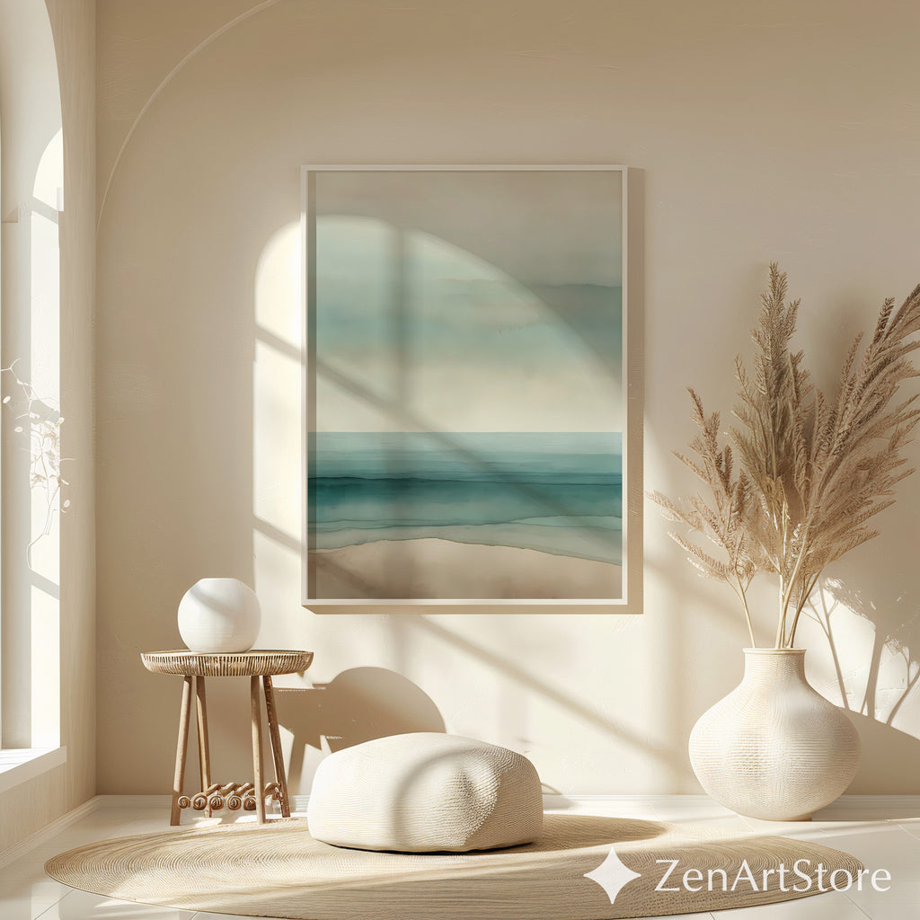 Minimal Coastal Seascape Print - Soft Teal & Beige Abstract Beach Wall Art, Zen Japandi Scandinavian Neutral Home Decor
