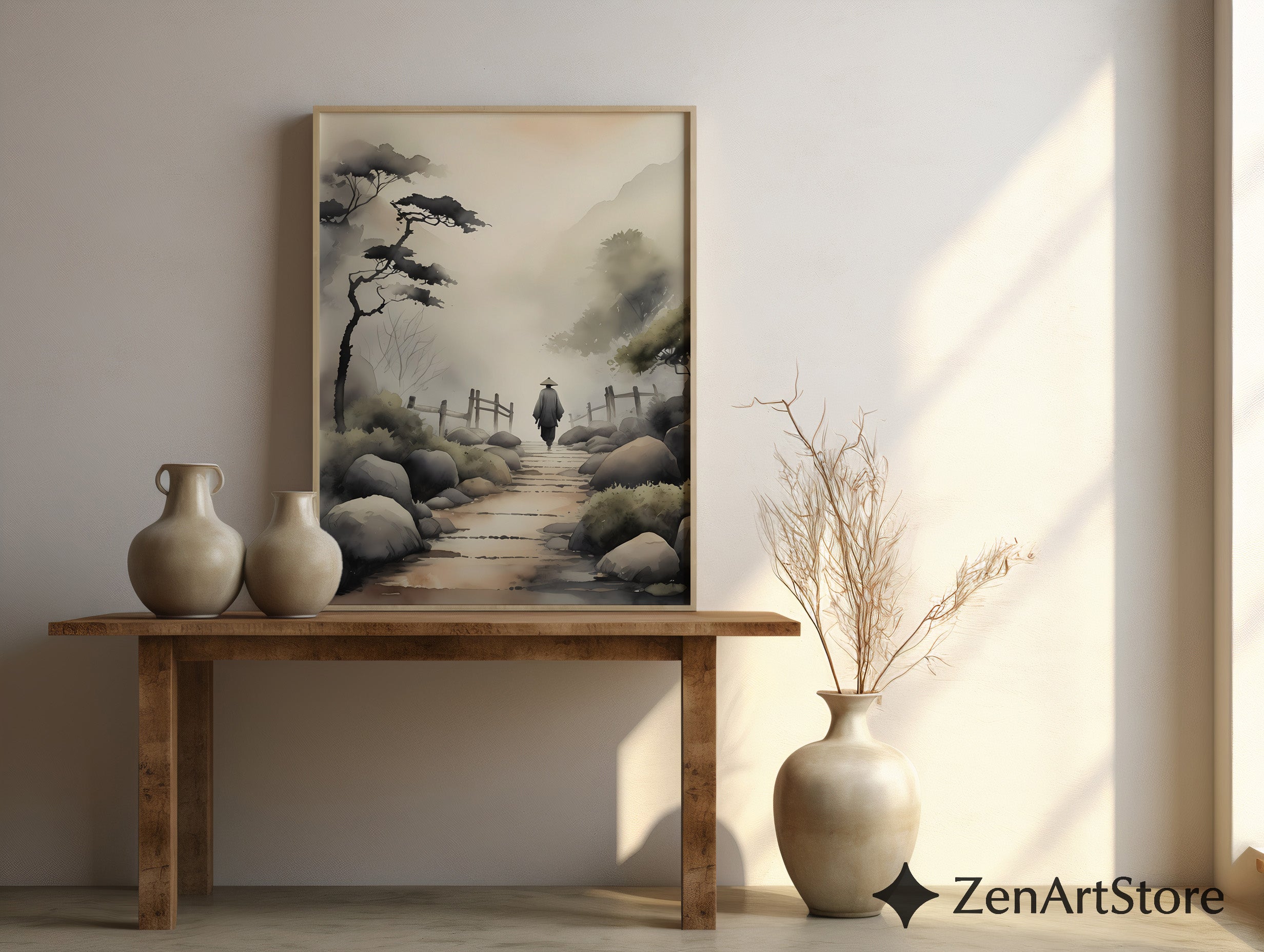 Misty Japanese Pathway Zen Landscape Print - Minimal Japandi Wall Art, Neutral Sumi-e Home Decor