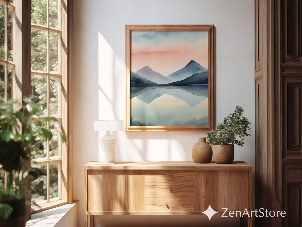 Minimal Mountain Watercolor Print - Pastel Sunset Reflection Zen Japandi Scandinavian Wall Art