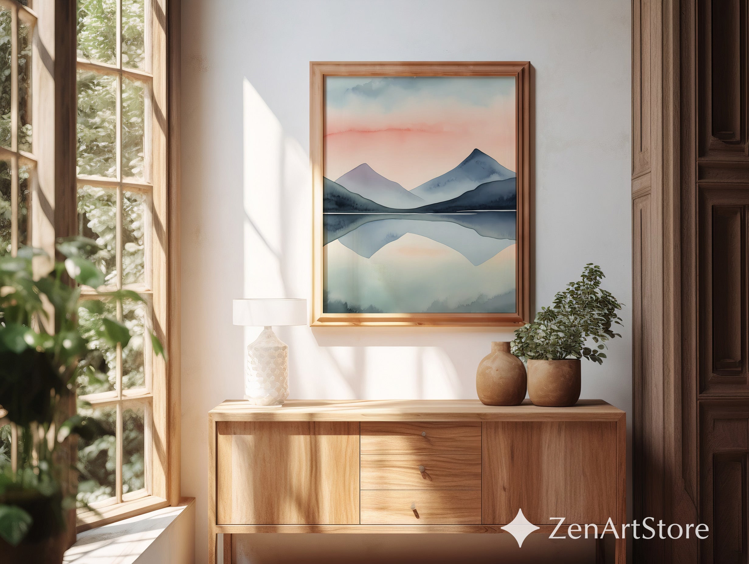 Minimal Mountain Watercolor Print - Pastel Sunset Reflection Zen Japandi Scandinavian Wall Art
