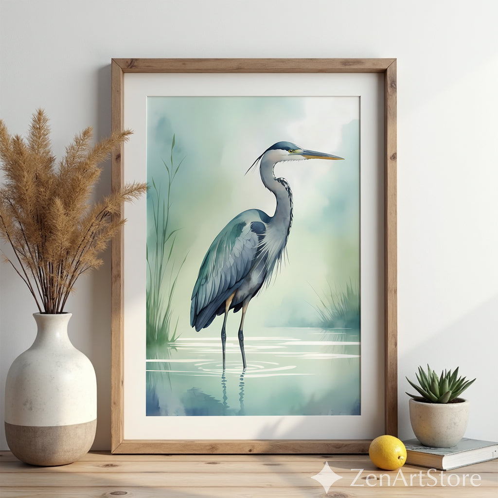 Tranquil Heron Wall Art - Minimal Blue Heron Print, Zen Coastal Nursery Decor, Japandi Nature Wall Decor