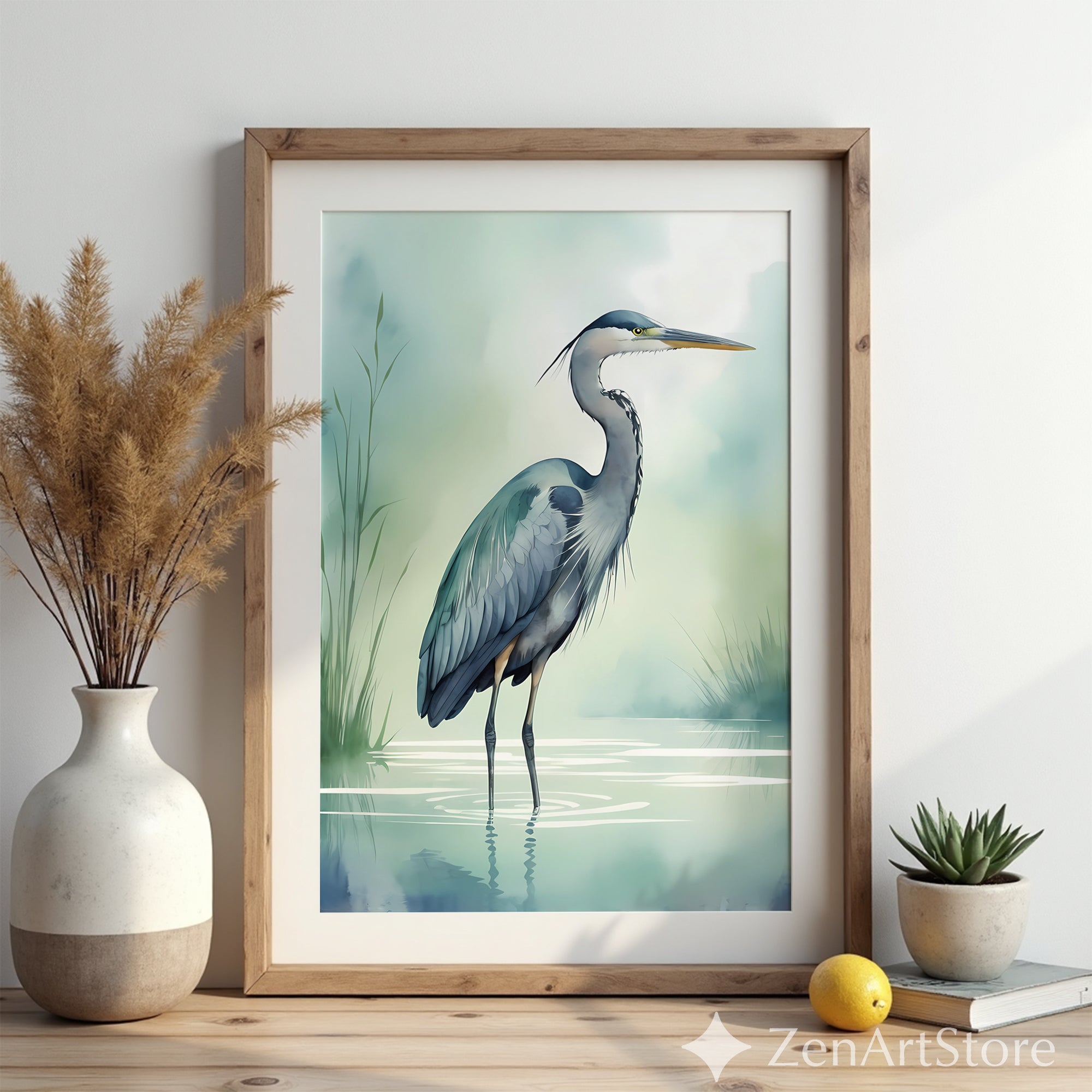 Tranquil Heron Wall Art - Minimal Blue Heron Print, Zen Coastal Nursery Decor, Japandi Nature Wall Decor